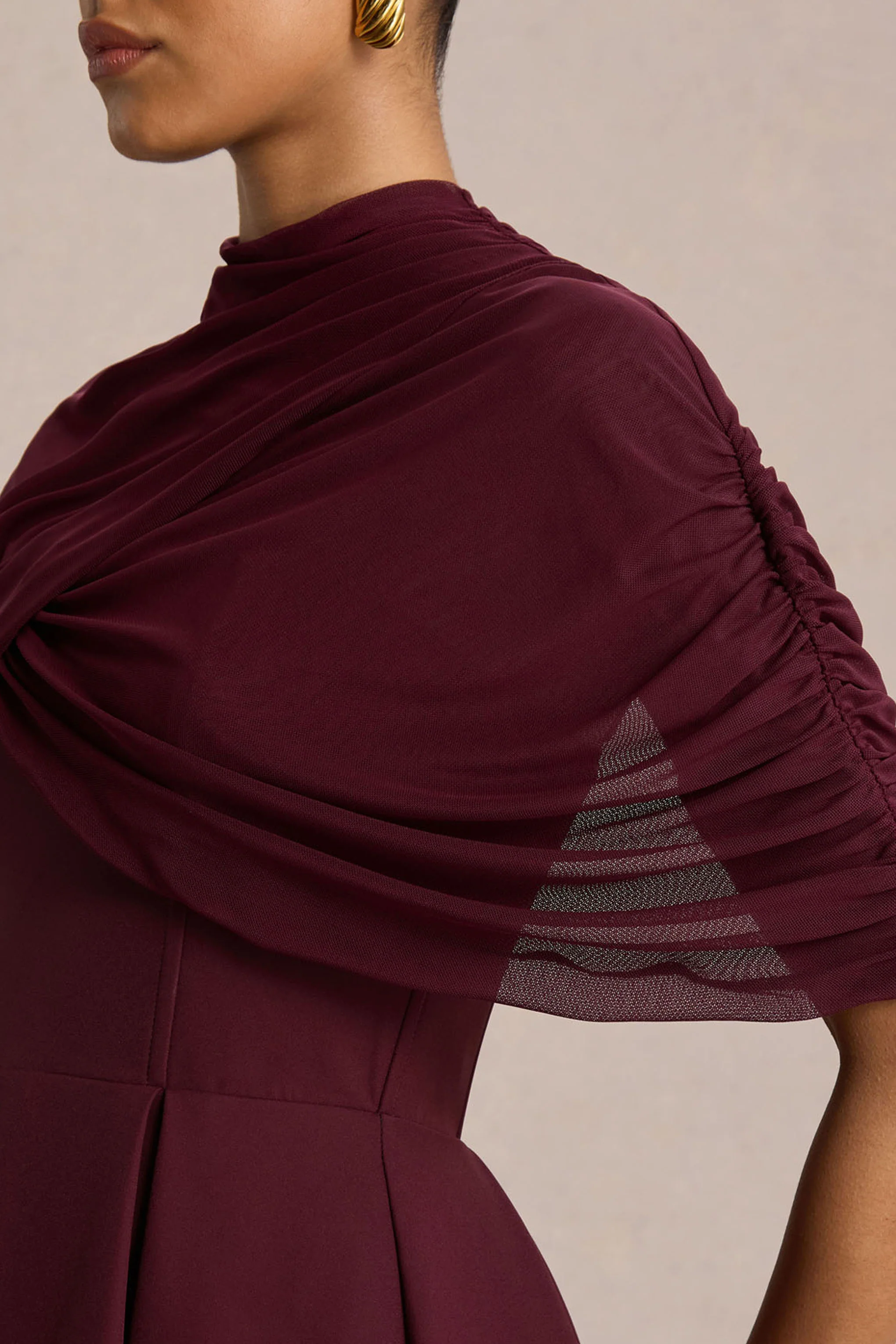 Thalia | Burgundy High-Neck Midi Dress With Sheer Mesh Cape - Image 3