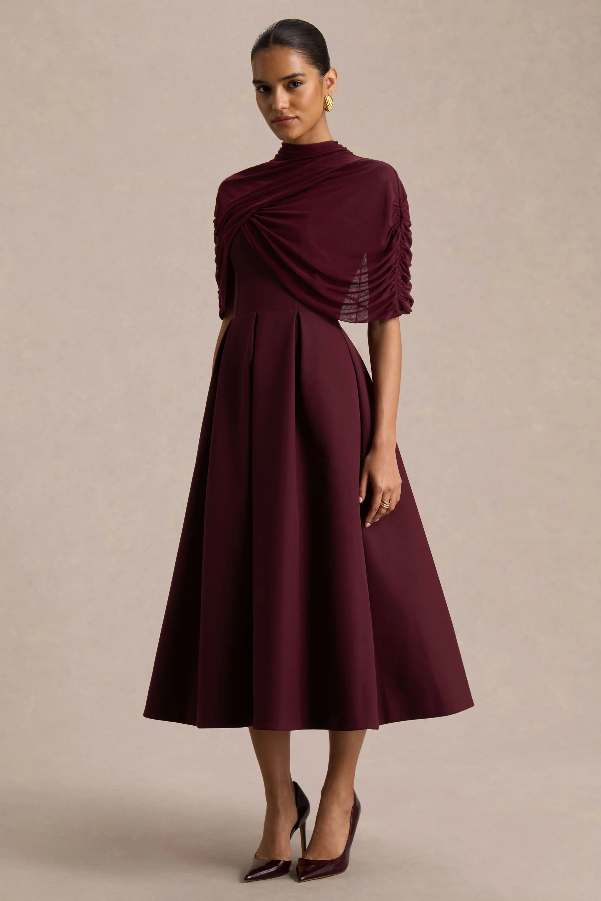 Thalia | Burgundy High-Neck Midi Dress With Sheer Mesh Cape - Image 5
