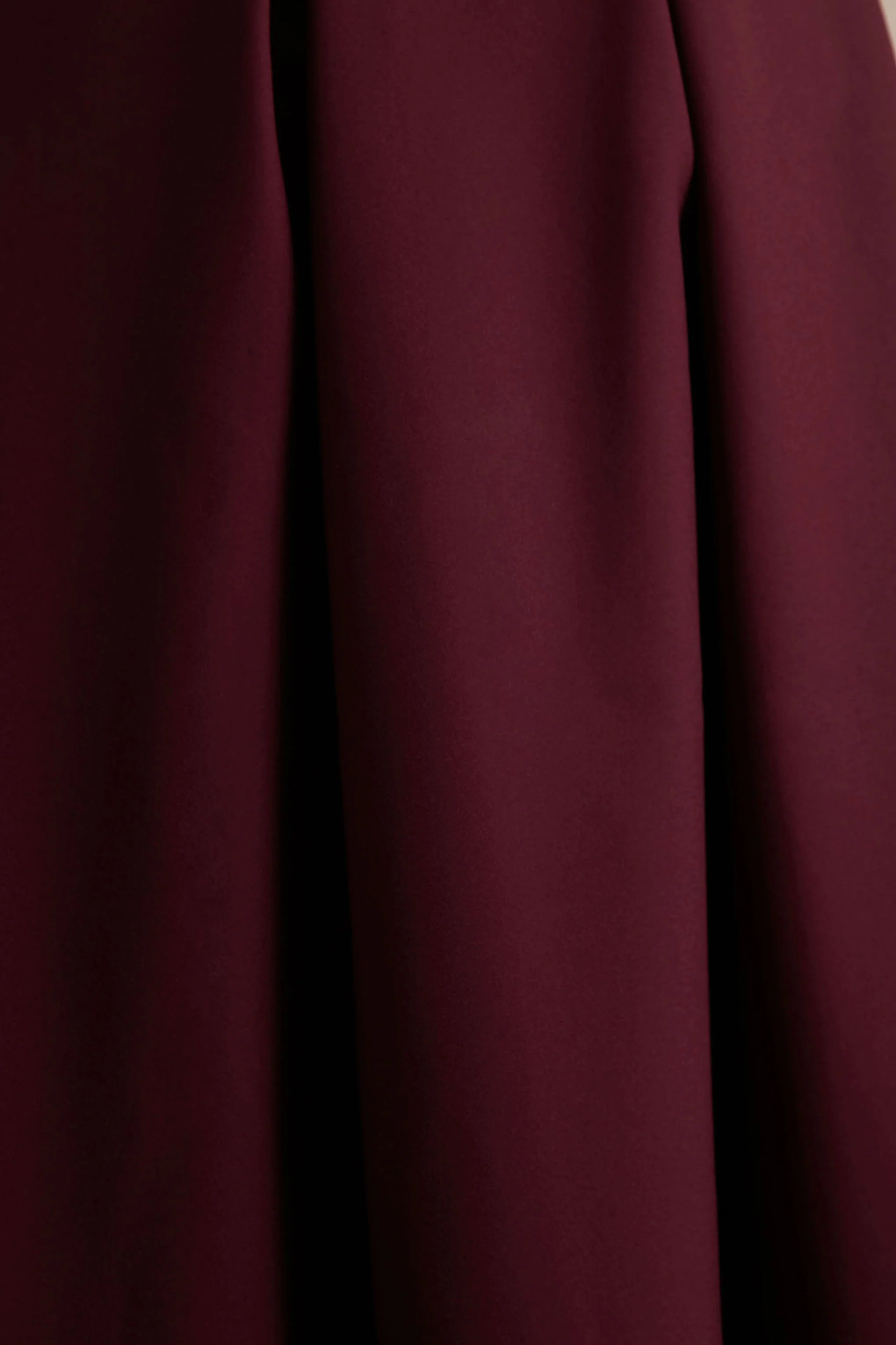 Thalia | Burgundy High-Neck Midi Dress With Sheer Mesh Cape - Image 6