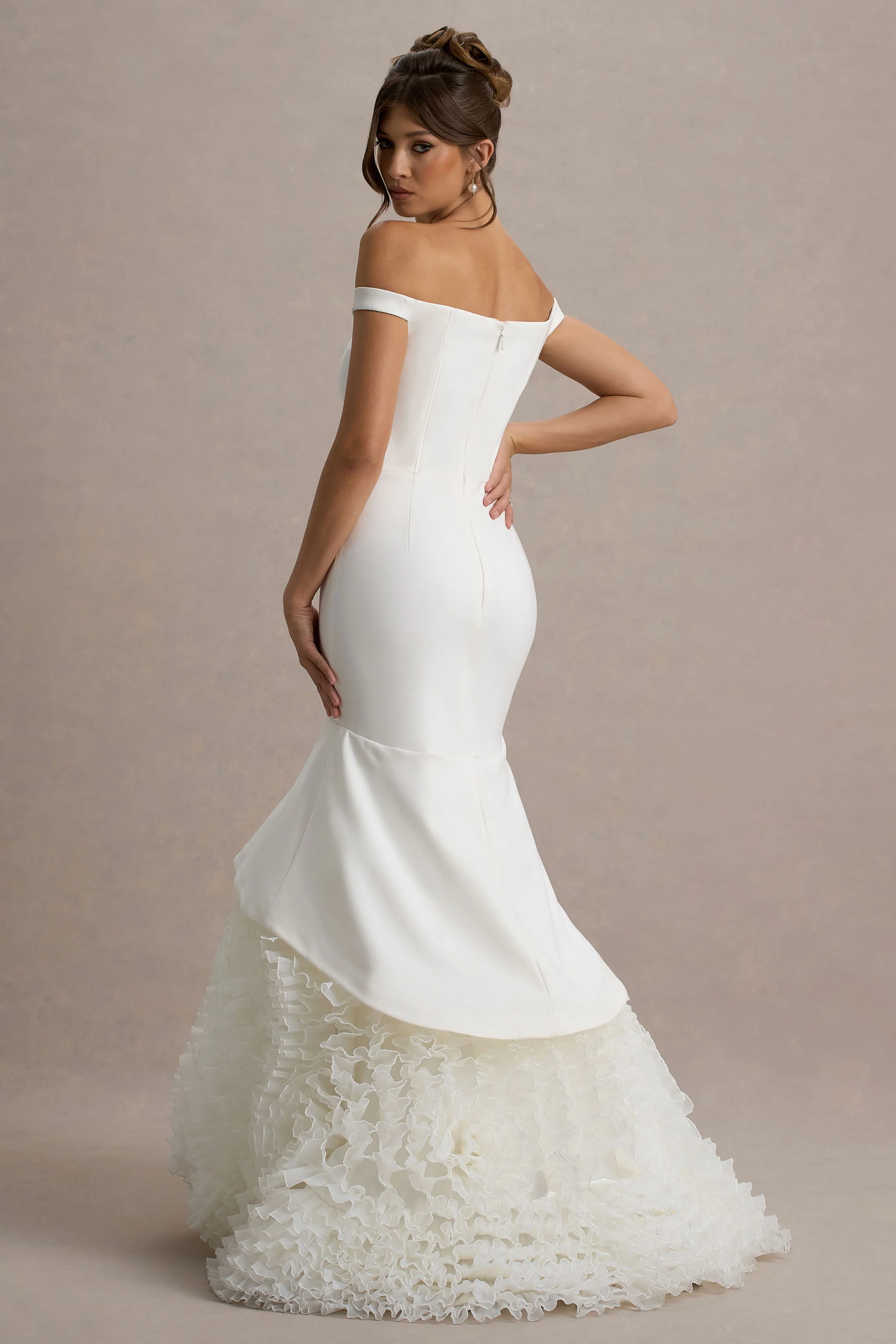 The Greatest | White & Cream Bardot Maxi Dress With Tulle Skirt - Image 2