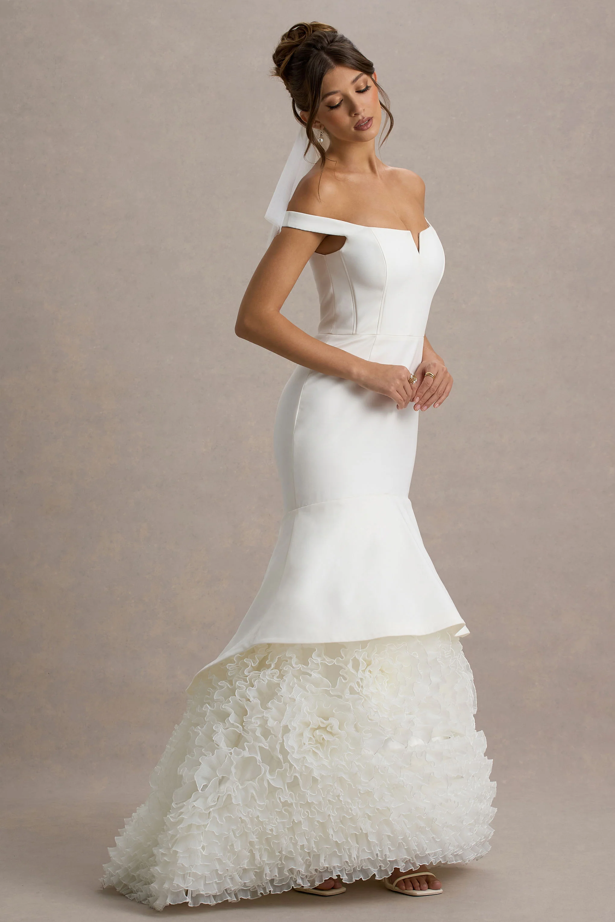 The Greatest | White & Cream Bardot Maxi Dress With Tulle Skirt - Image 4