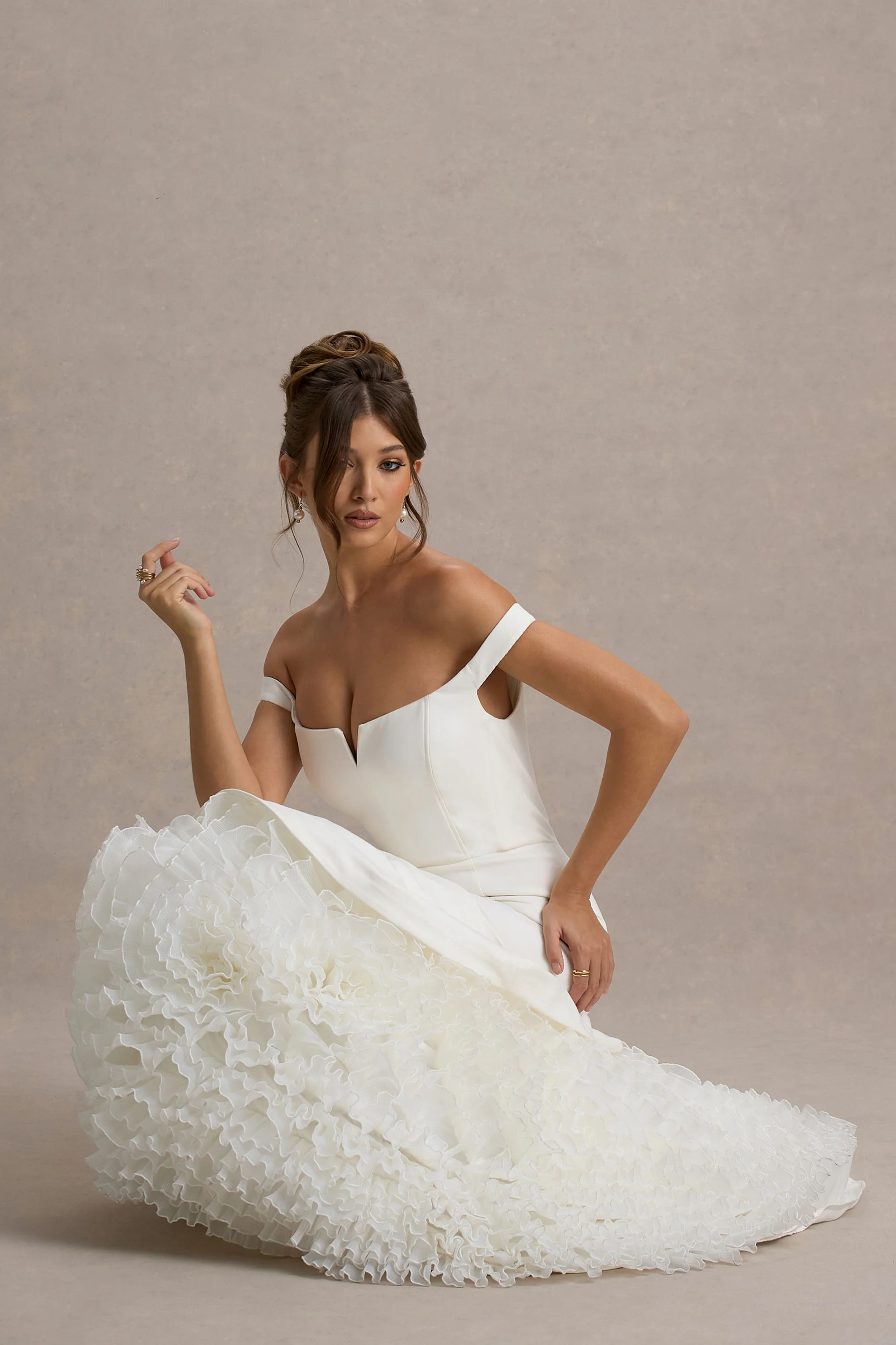 The Greatest | White & Cream Bardot Maxi Dress With Tulle Skirt - Image 6