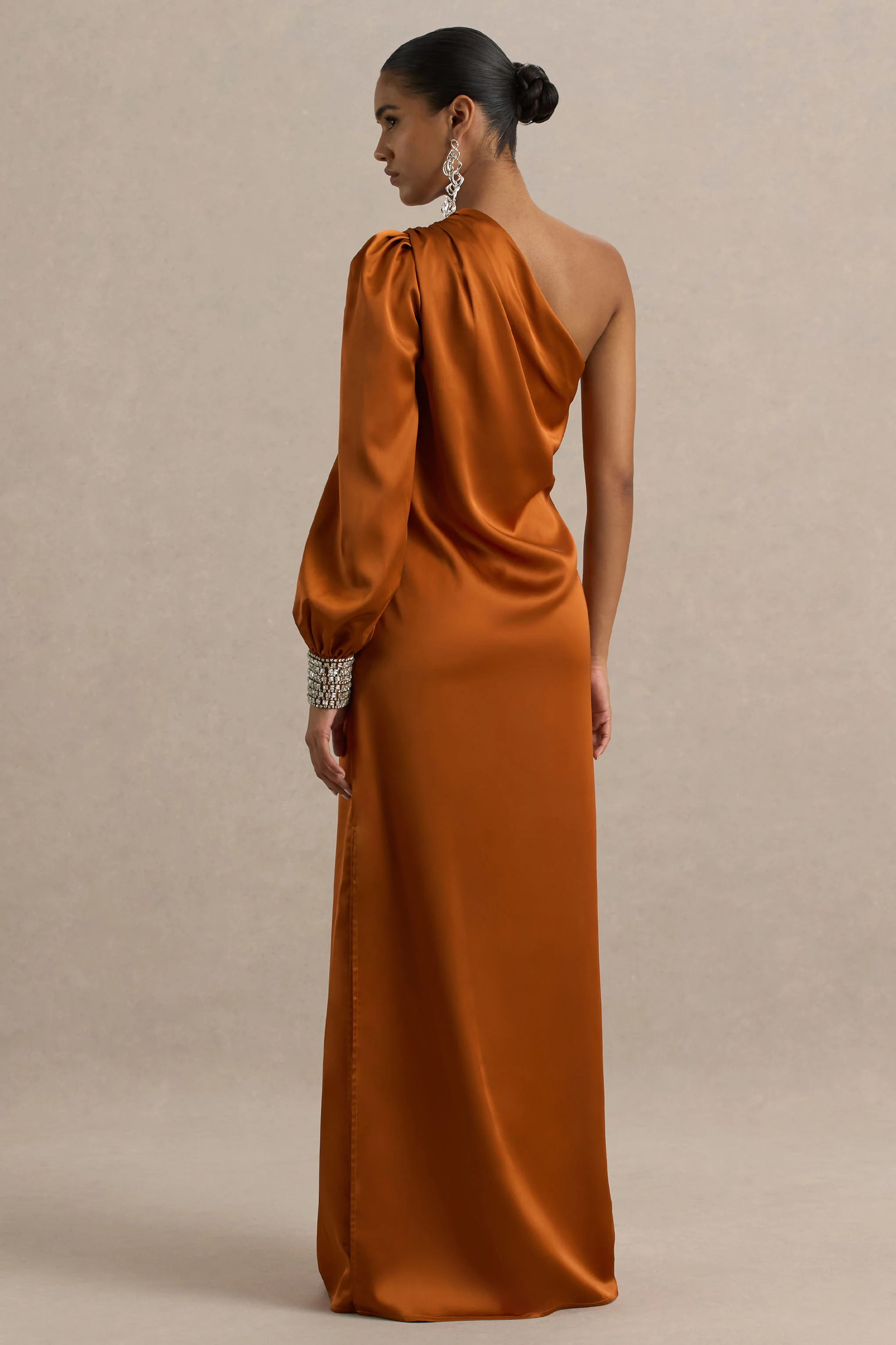 Thelma | Orange Satin Asymmetric Maxi Dress With One-Sleeve - Image 2
