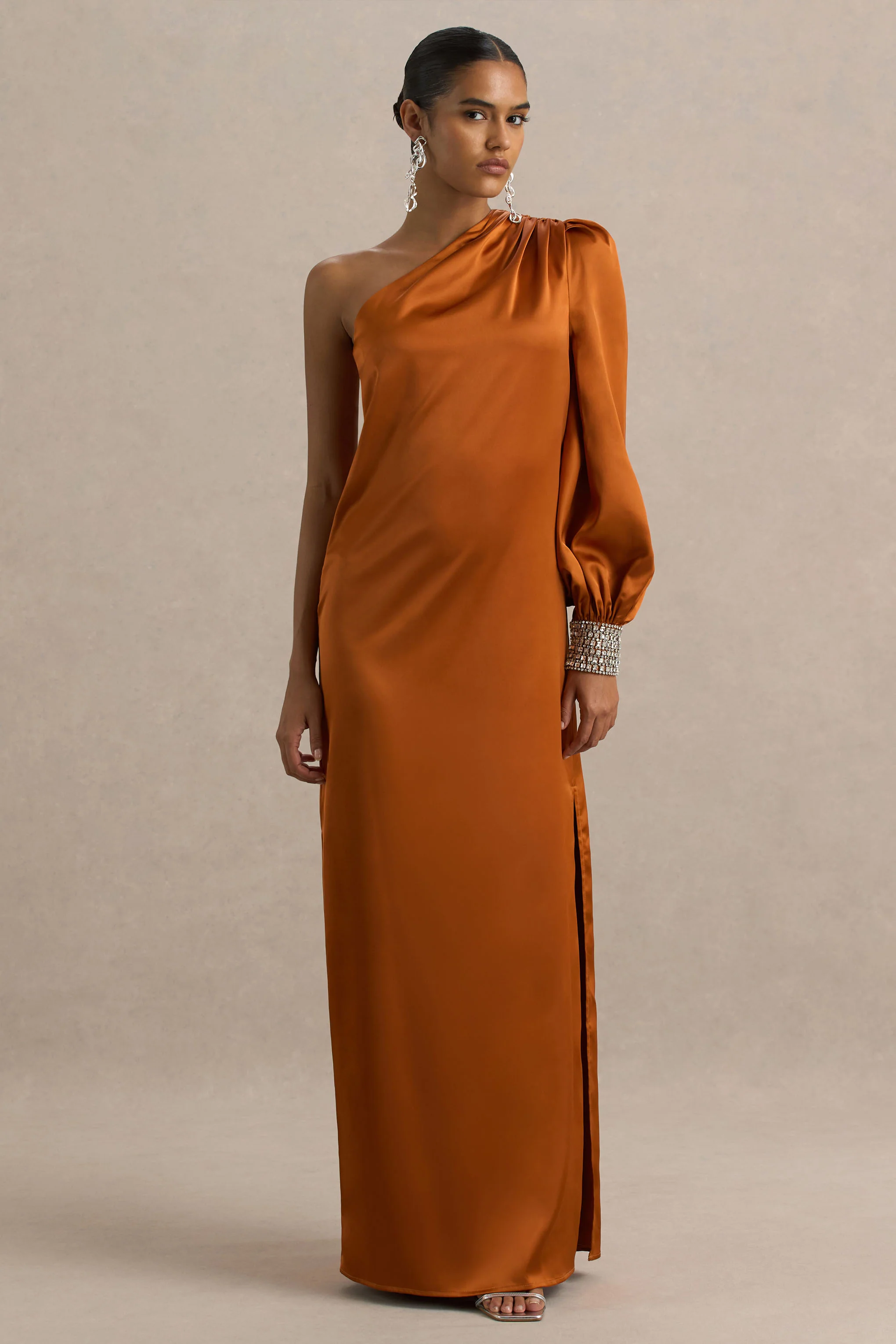 Thelma | Orange Satin Asymmetric Maxi Dress With One-Sleeve - Image 3