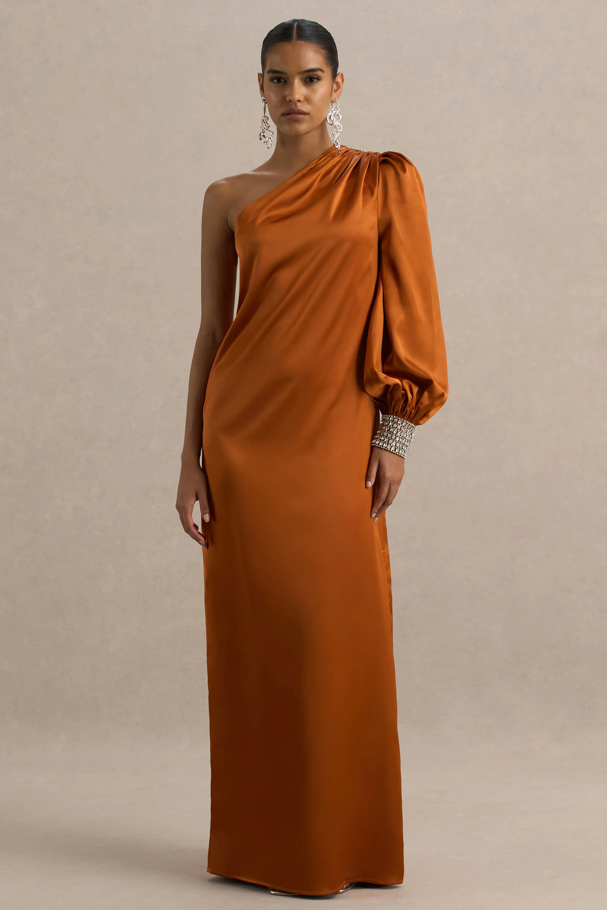 Thelma | Orange Satin Asymmetric Maxi Dress With One-Sleeve - Image 5
