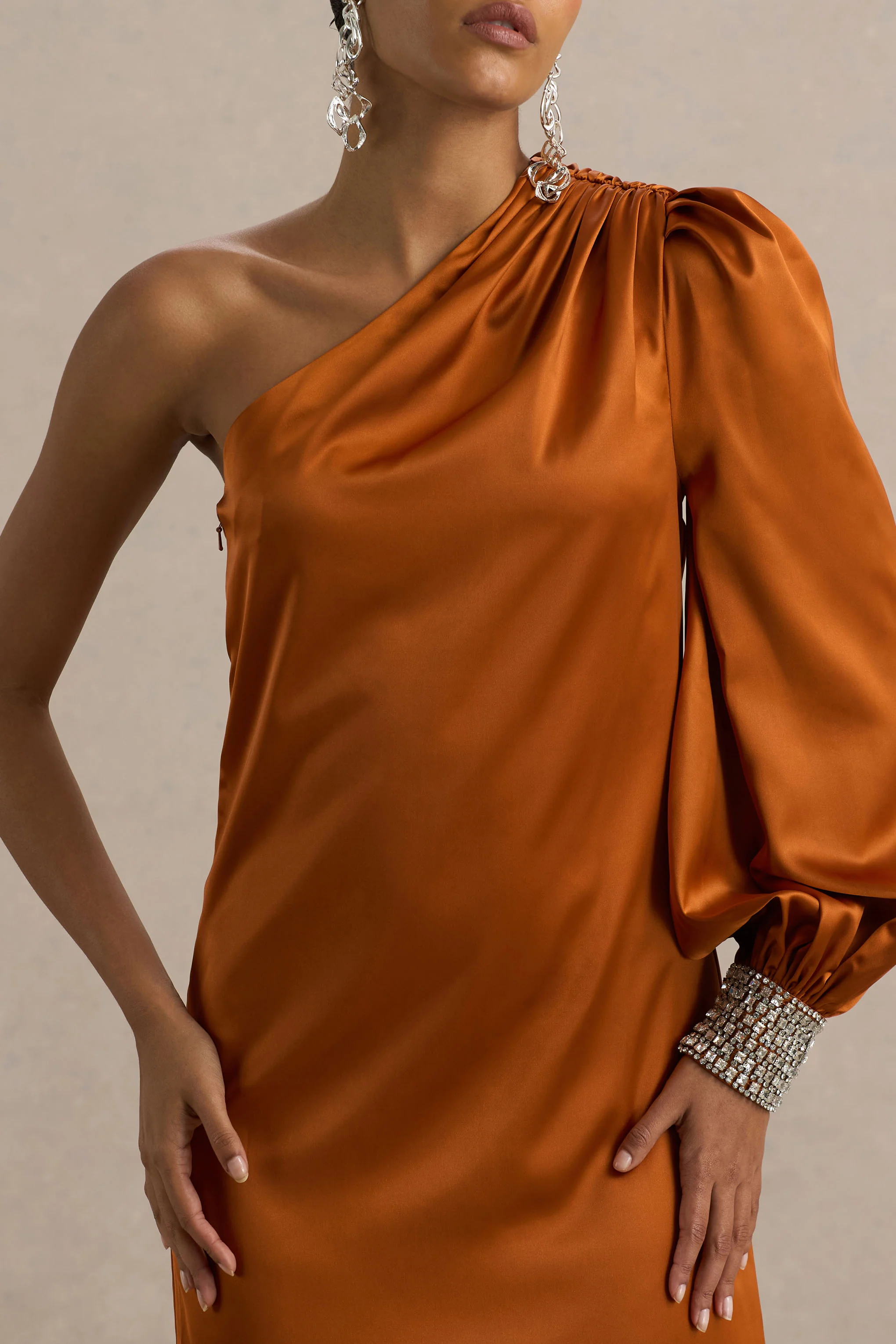 Thelma | Orange Satin Asymmetric Maxi Dress With One-Sleeve - Image 6