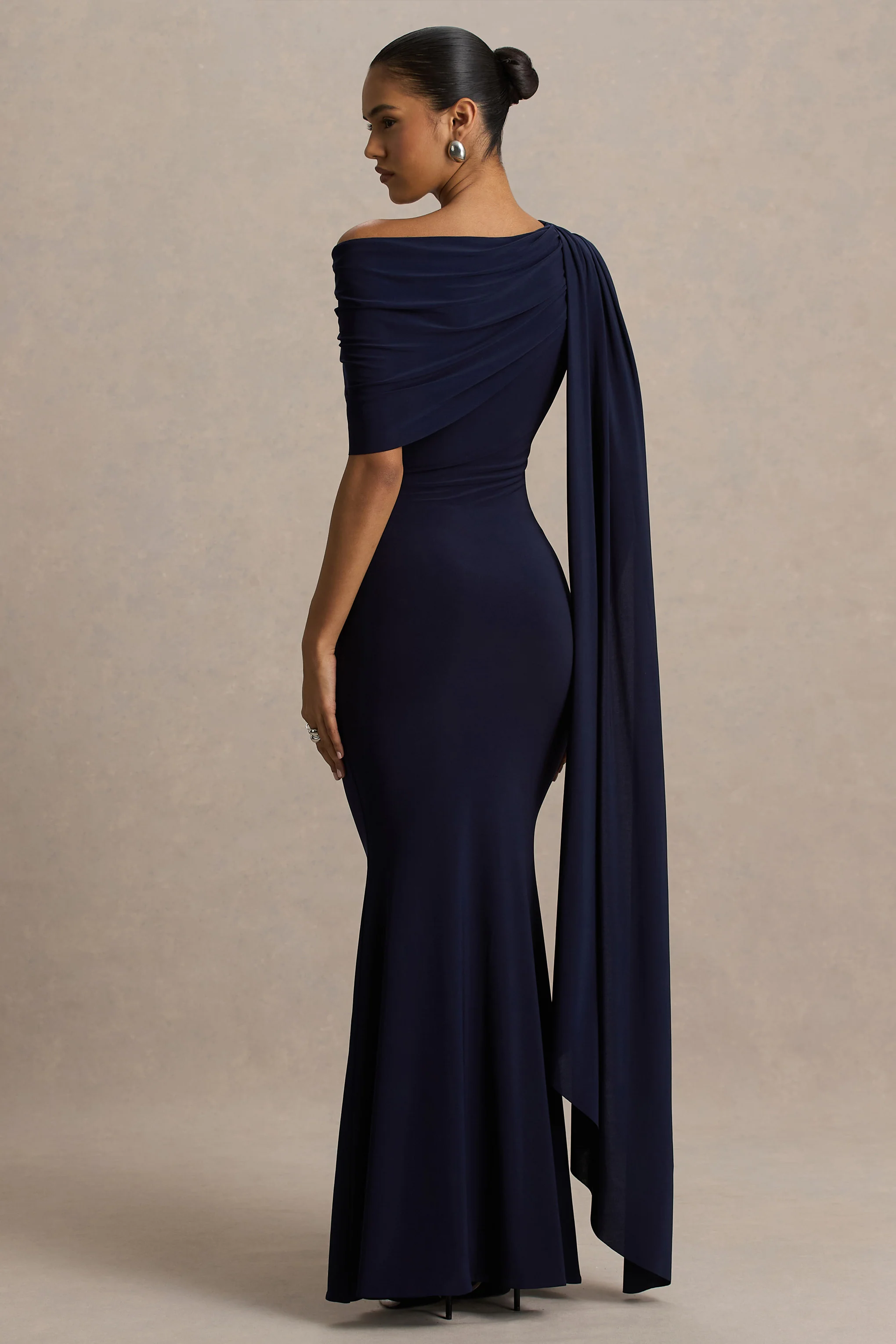 Tiana | Navy Asymmetric-Neck Maxi Dress With Drape-Detail - Image 2
