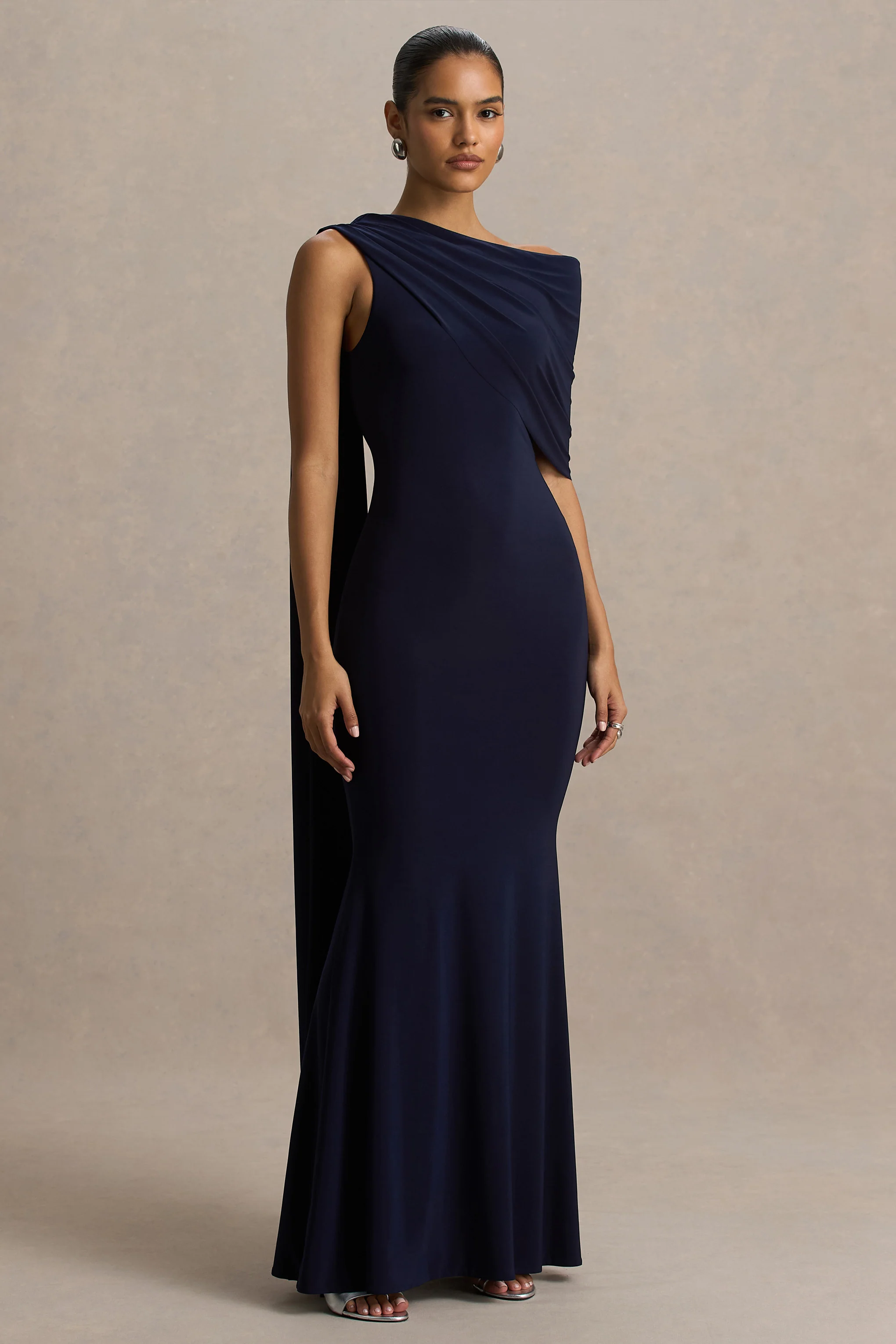 Tiana | Navy Asymmetric-Neck Maxi Dress With Drape-Detail - Image 3