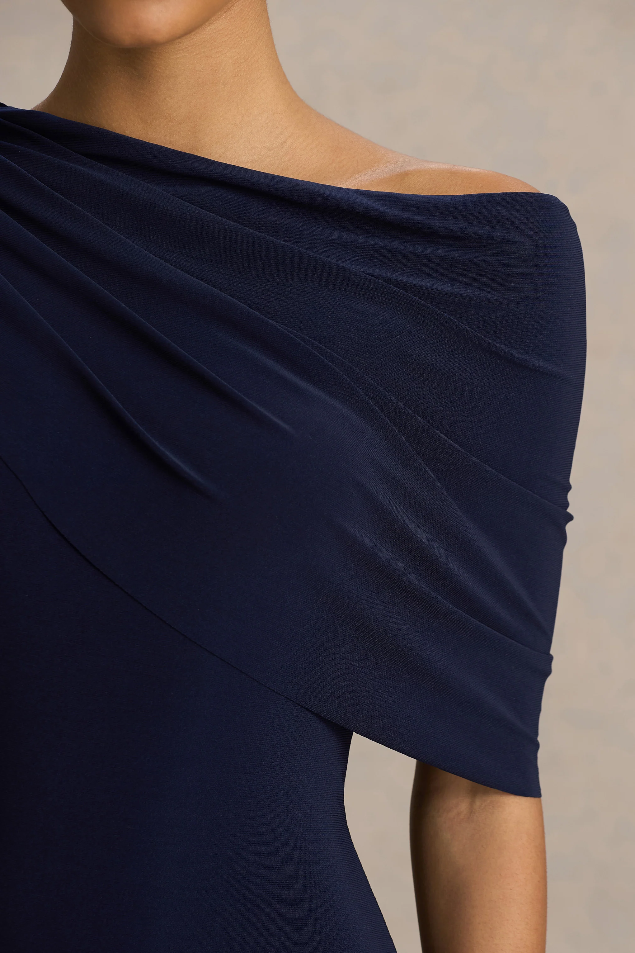 Tiana | Navy Asymmetric-Neck Maxi Dress With Drape-Detail - Image 6