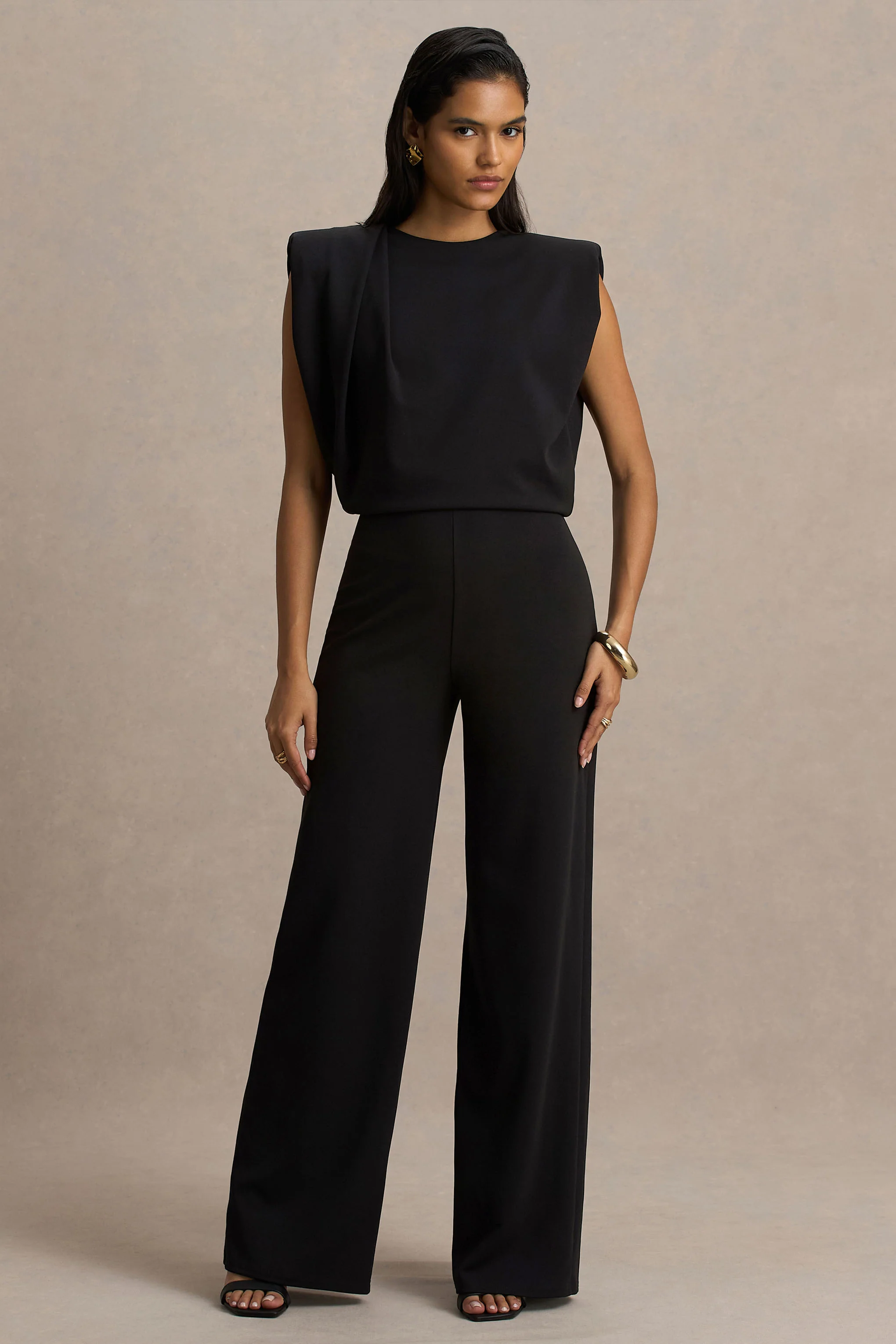 Tiff | Black Crew-Neck Jumpsuit With Draped Detailing - Image 5