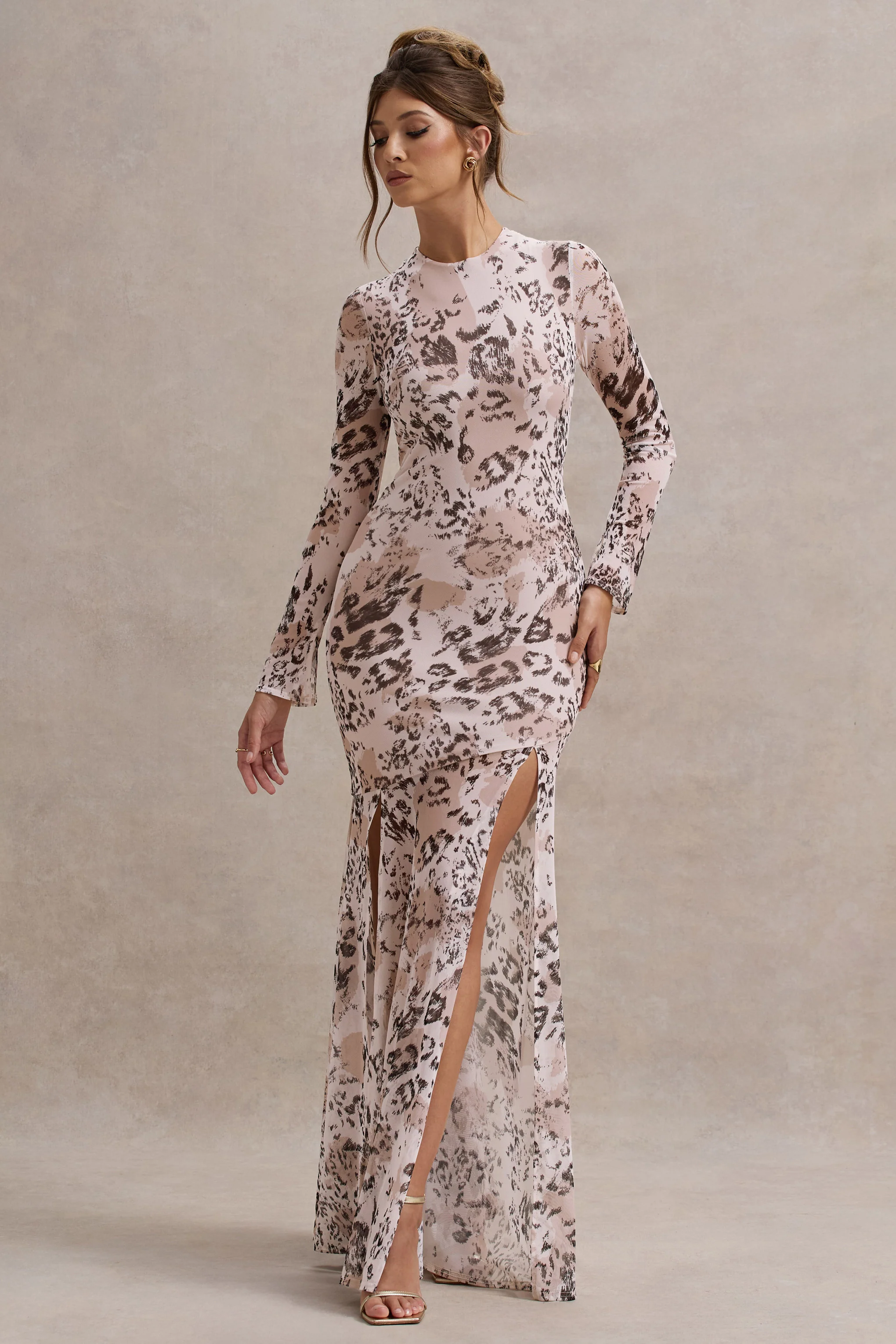 Tigerlily | Leopard Print Mesh Long-Sleeve Open-Back Maxi Dress - Image 2