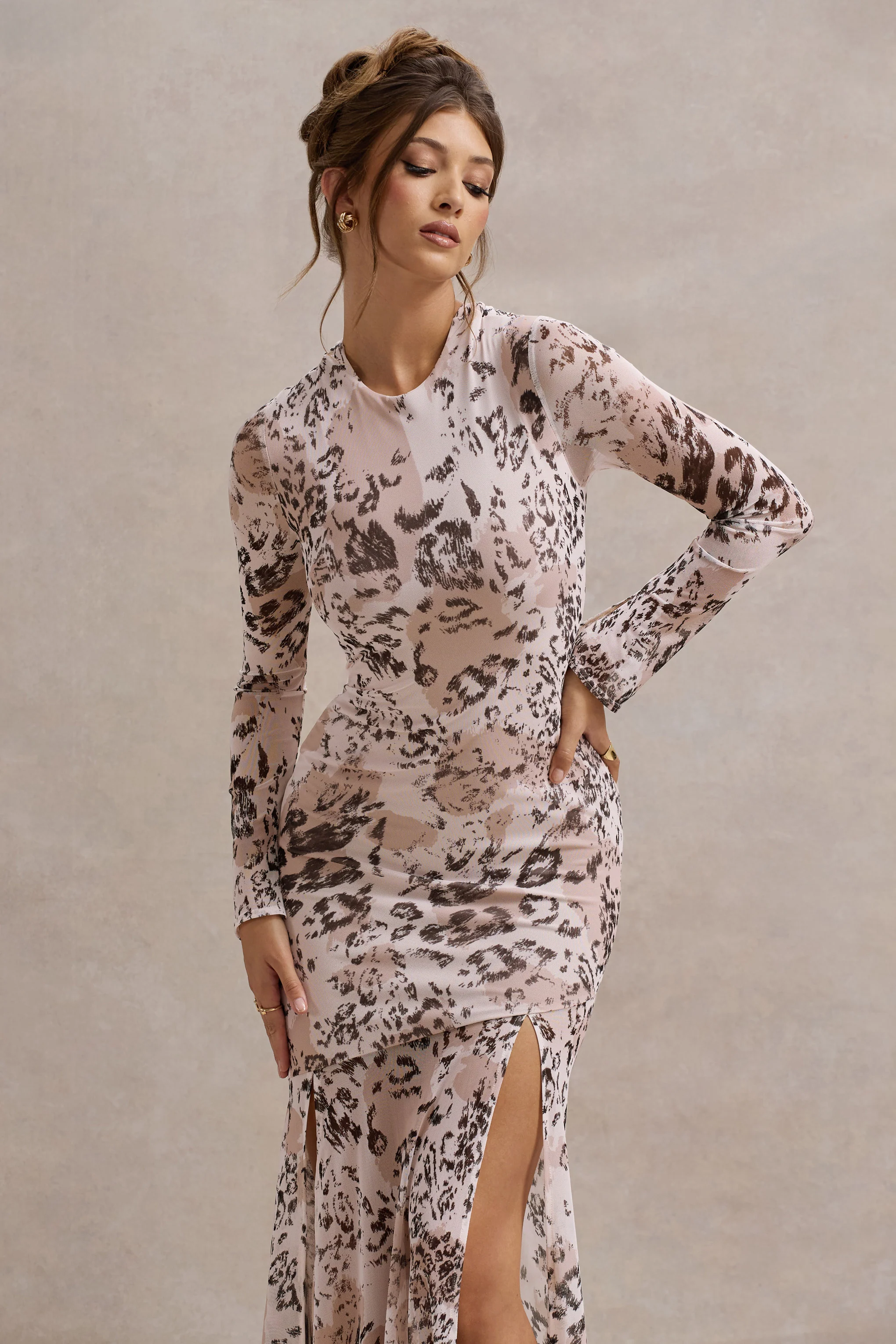 Tigerlily | Leopard Print Mesh Long-Sleeve Open-Back Maxi Dress - Image 3