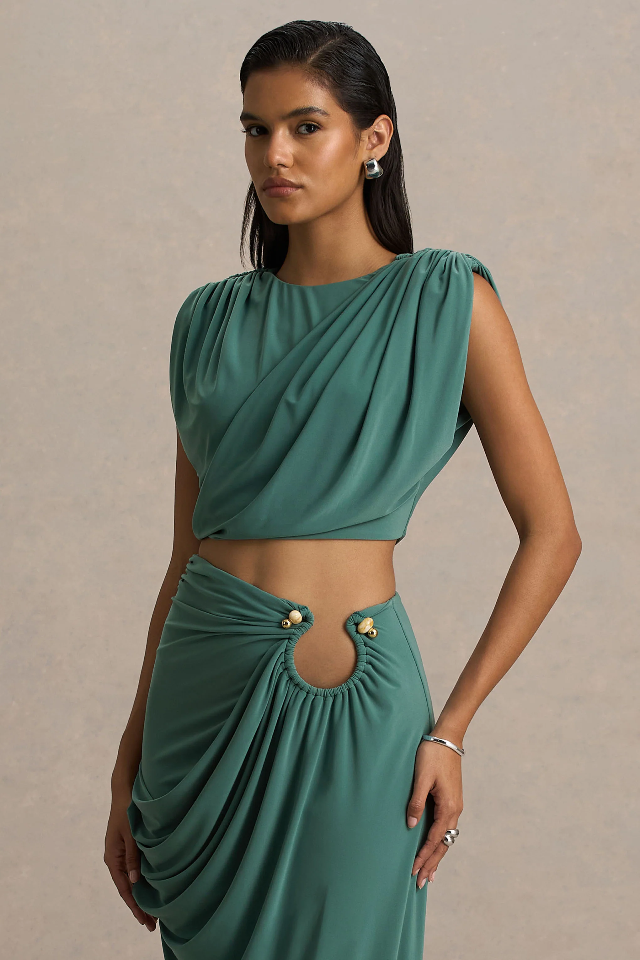 Tilda | Green Crew-Neck Crop-Top With Ruched Detailing - Image 4