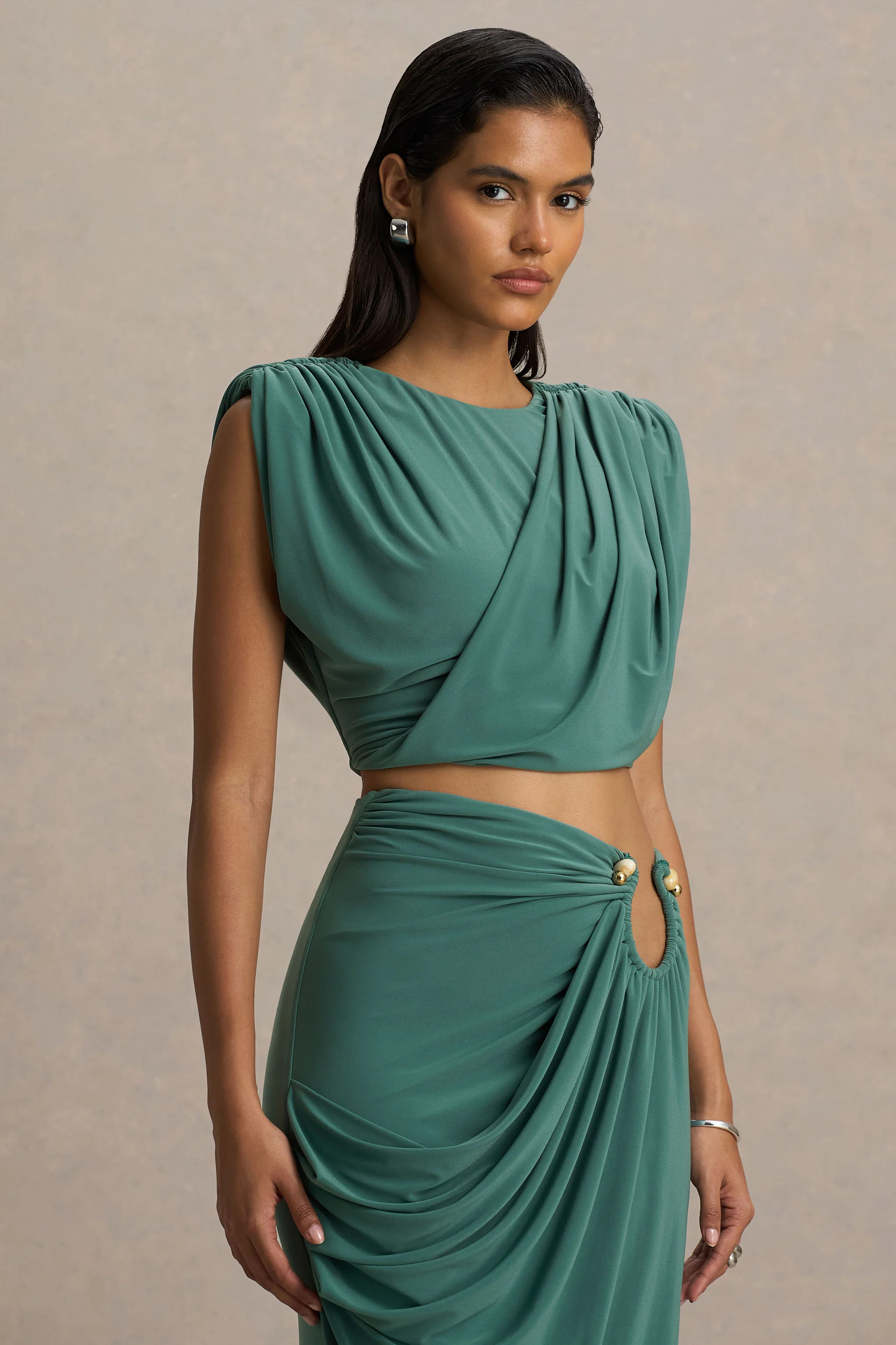 Tilda | Green Crew-Neck Crop-Top With Ruched Detailing - Image 5