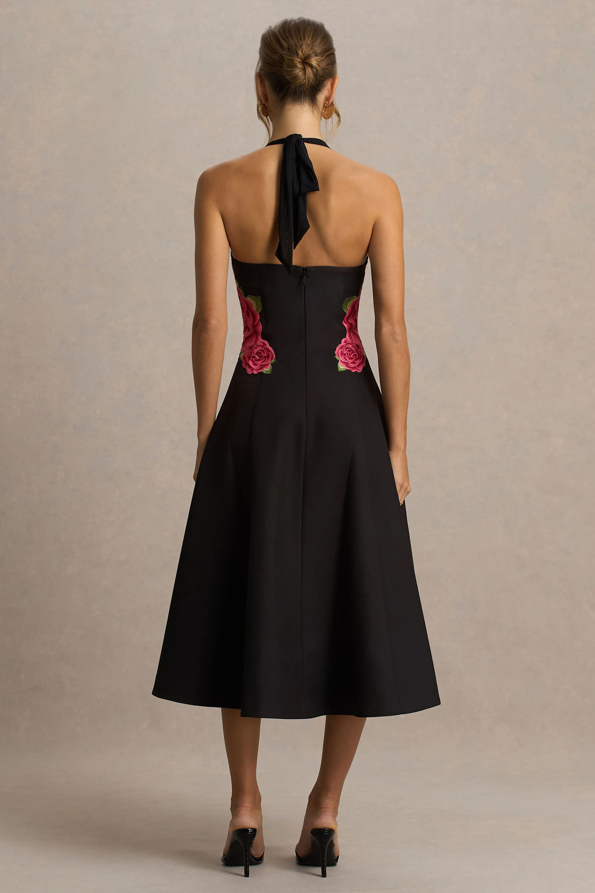 Tillie | Black Halter-Neck Midi Dress - Image 2