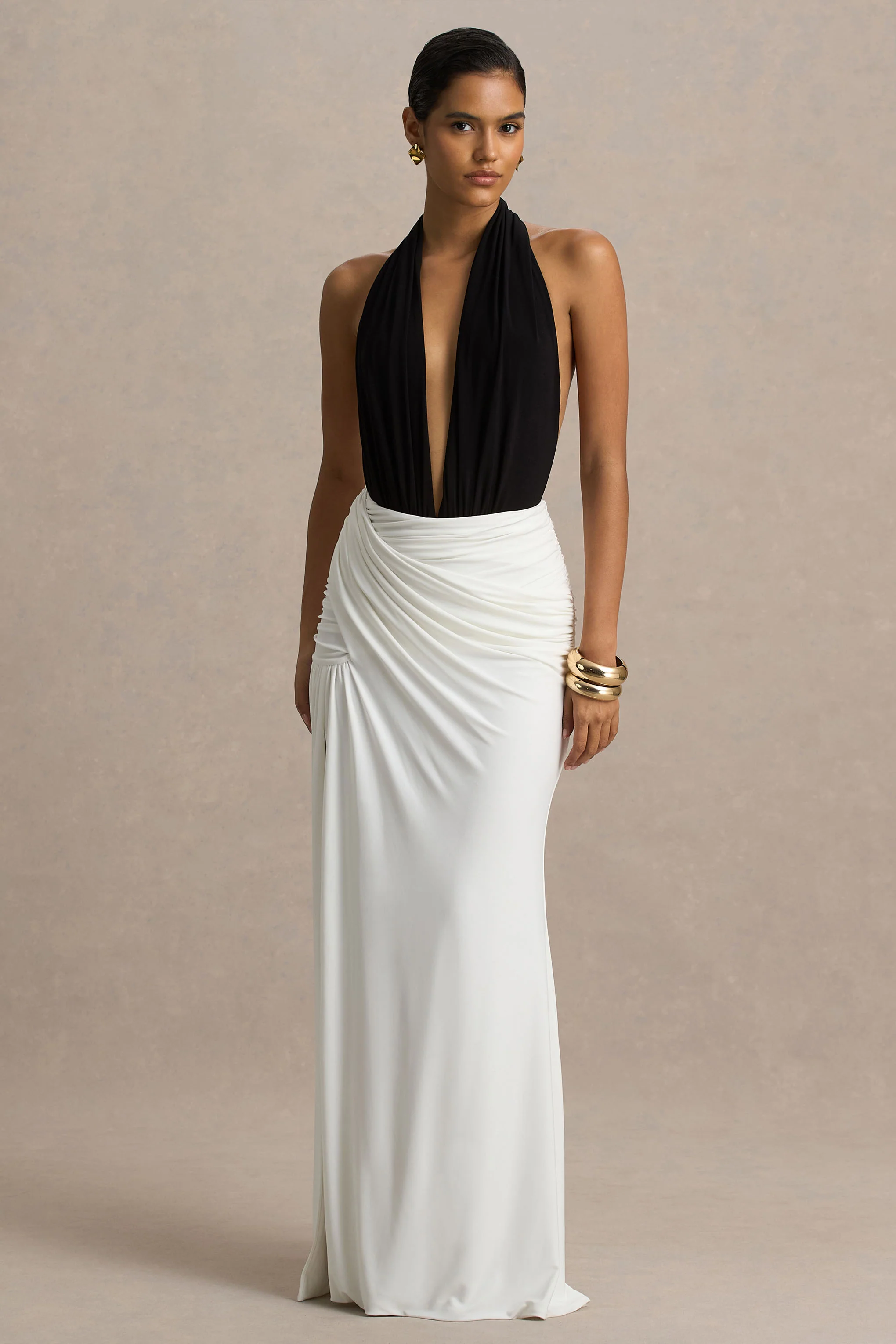 Tilly | Black And White Extreme-Plunge Neck Maxi Dress With Wrap And Ruched Details - Image 4