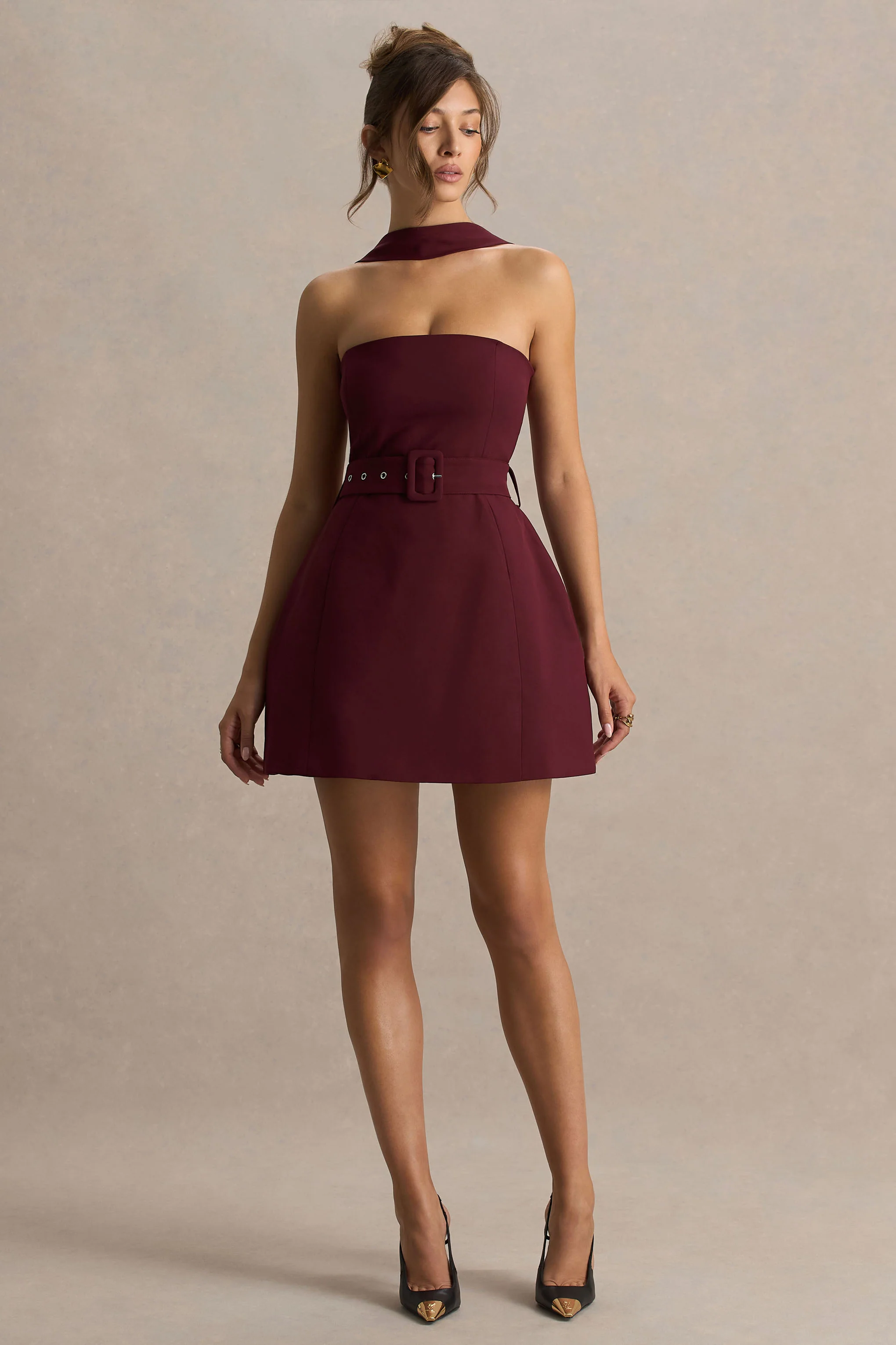 Timberly | Burgundy High-Neck Tailored Micro-Mini Dress - Image 4