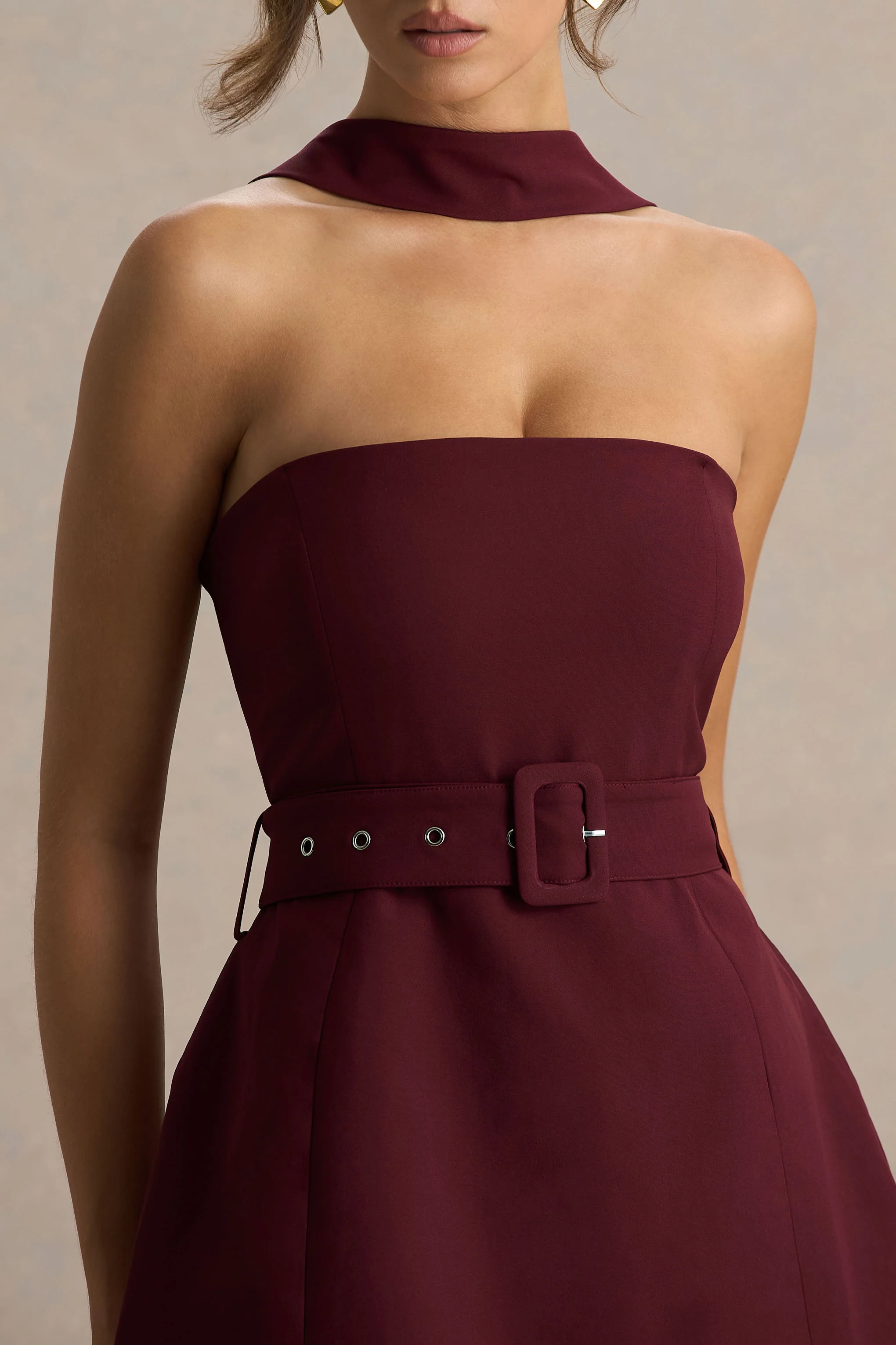 Timberly | Burgundy High-Neck Tailored Micro-Mini Dress - Image 5