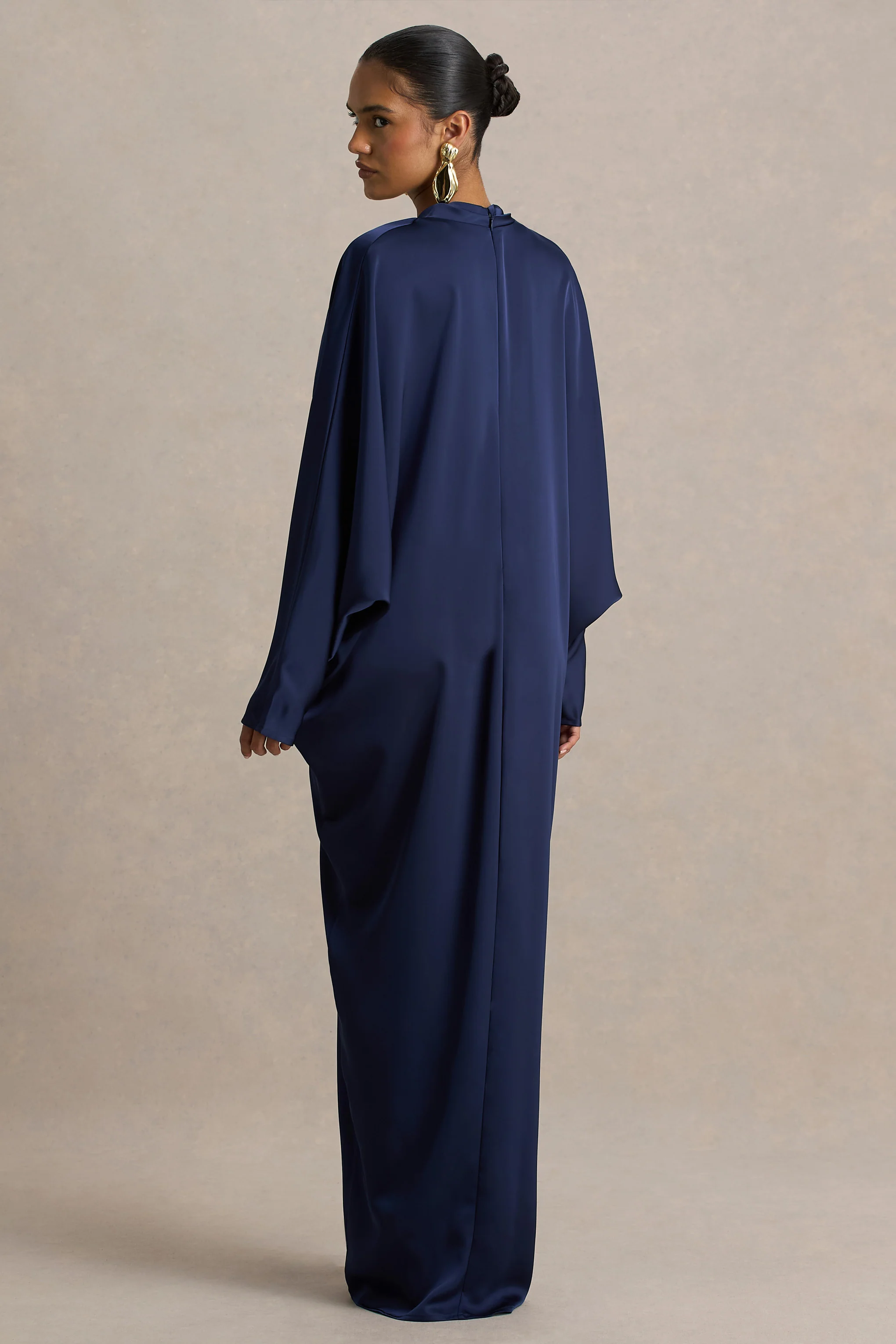 Tina | Navy Satin Plunge-Neck Embellished Maxi Dress - Image 2
