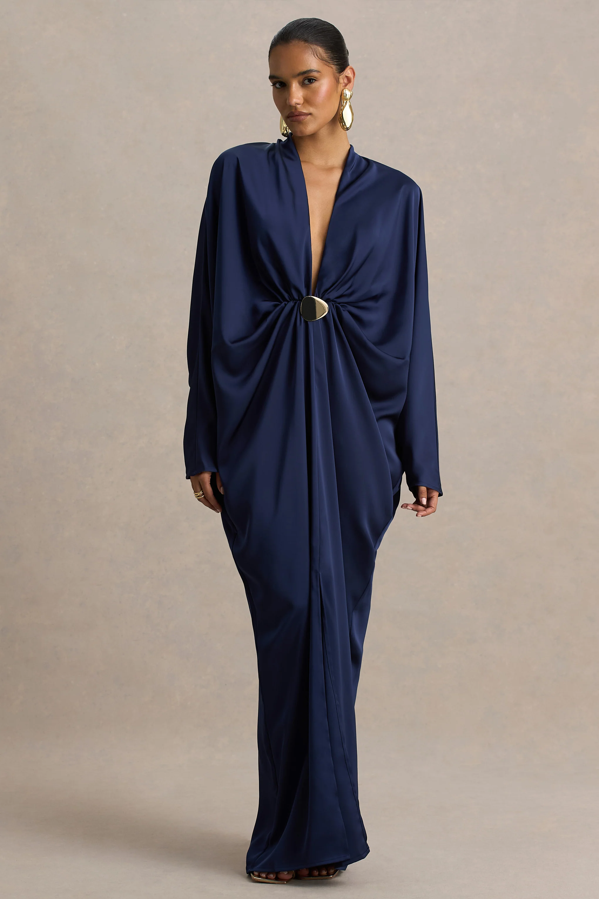 Tina | Navy Satin Plunge-Neck Embellished Maxi Dress - Image 3