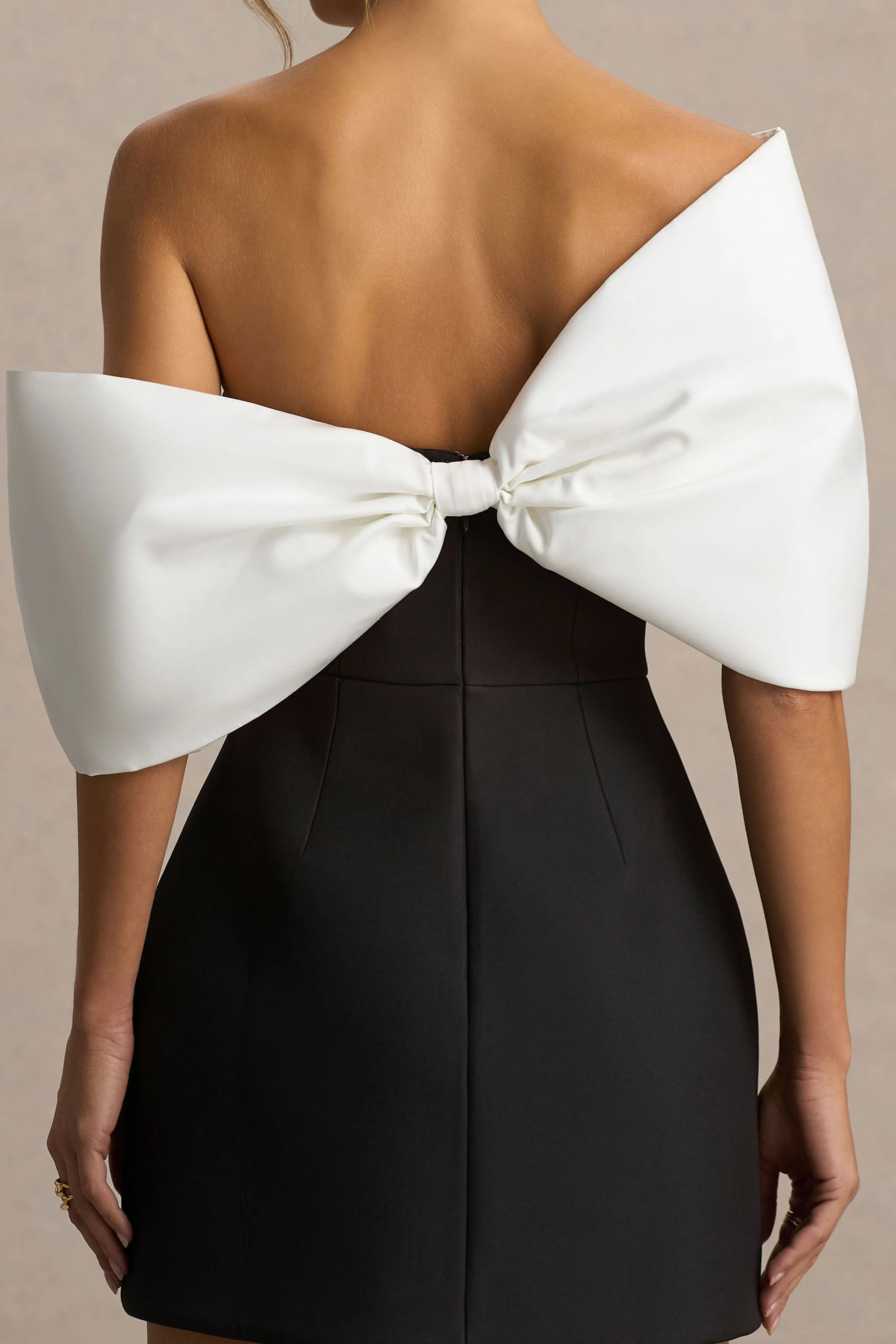 Tindra | Black And White Satin Bandeau-Neck Mini Dress With Bow Sleeves - Image 4