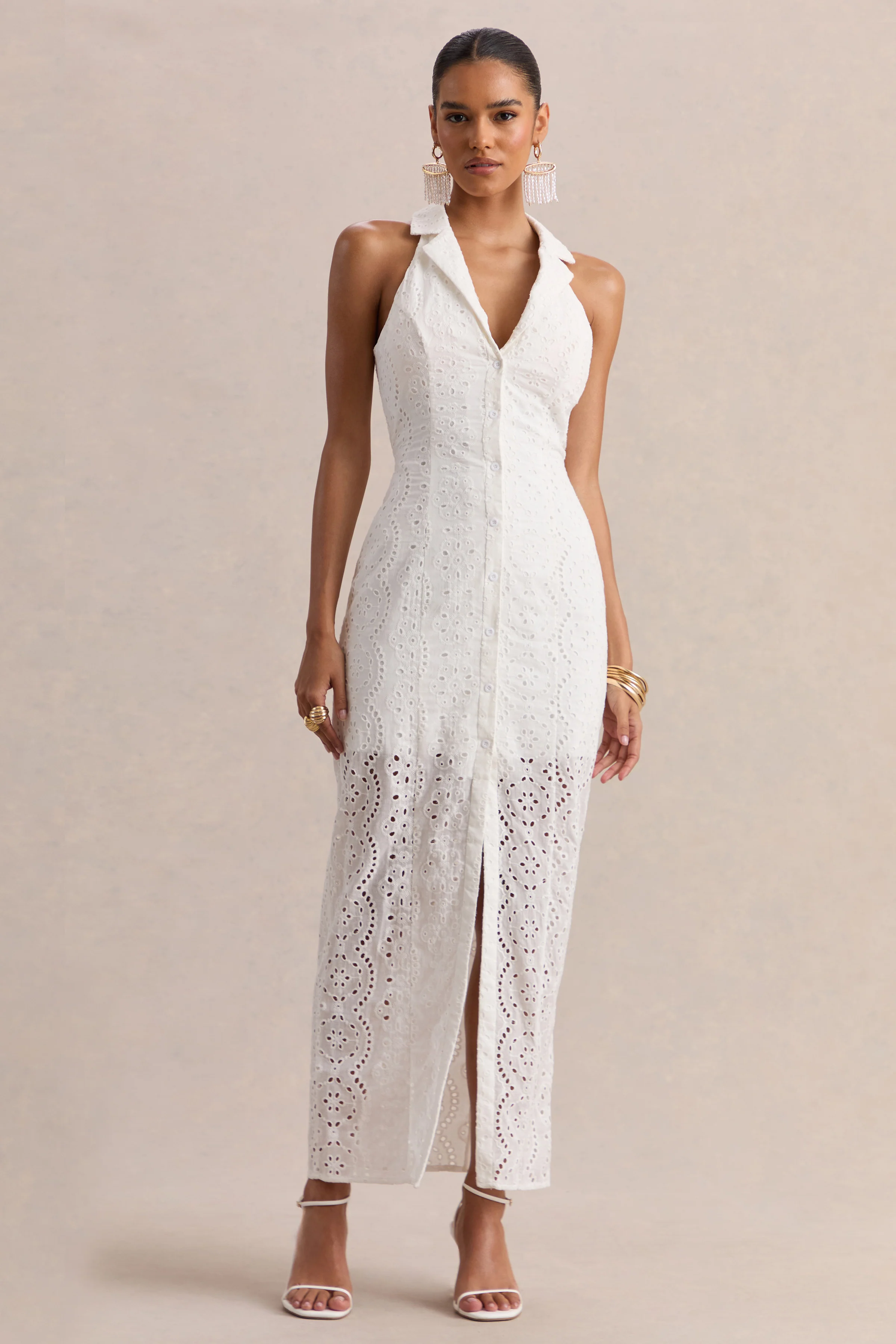 Tover | White Broderie Plunge-Neck Maxi Dress - Image 4