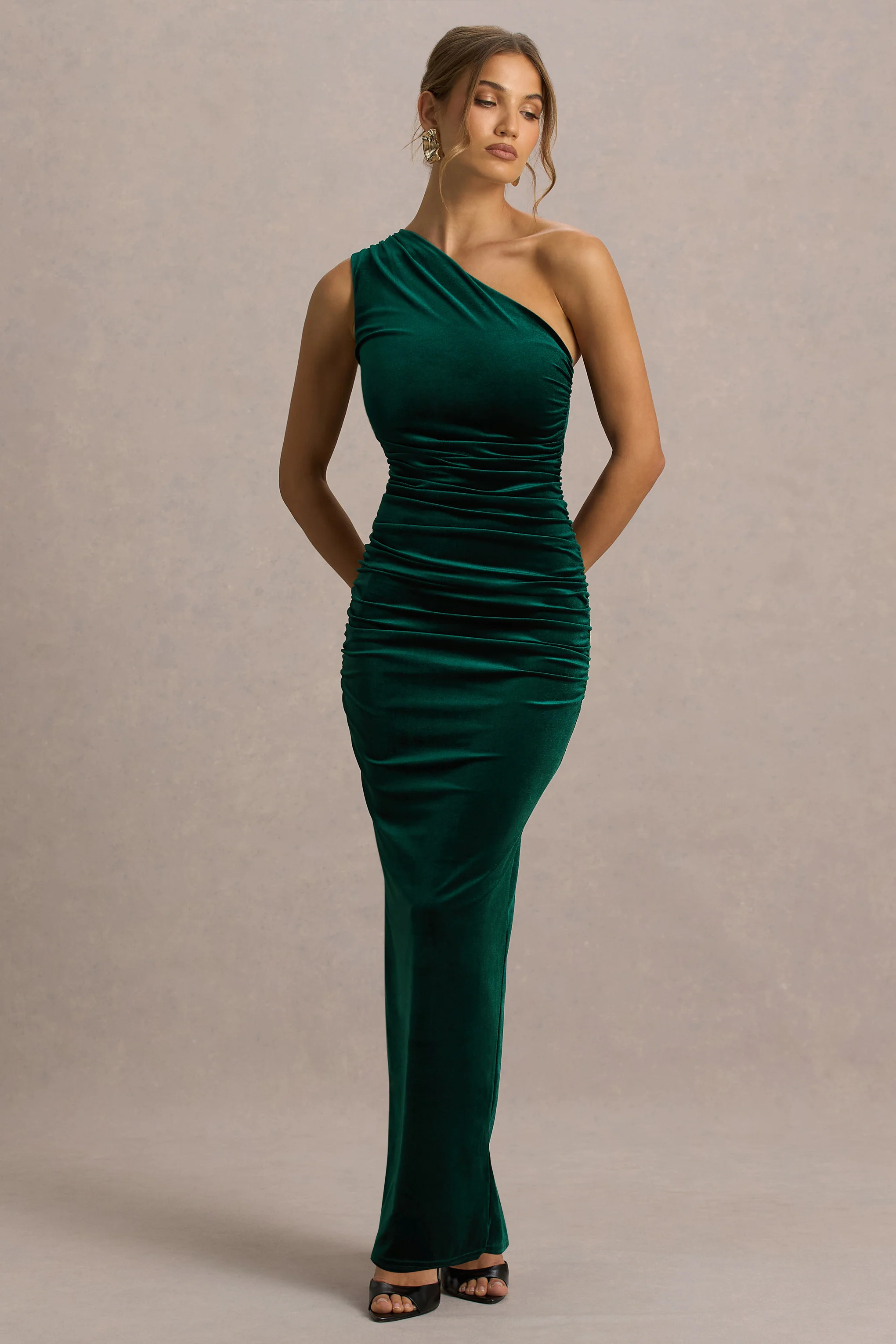 Treat | Bottle Green Velvet Asymmetric-Neck Maxi Dress With Ruched Detailing - Image 5