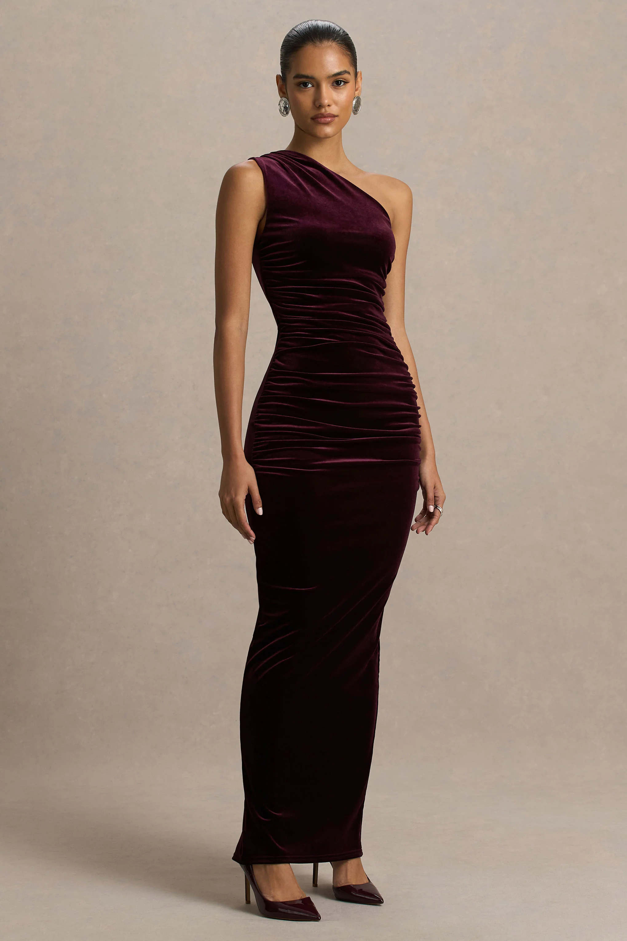 Treat | Burgundy Velvet Asymmetric-Neck Maxi Dress With Ruched Detailing. - Image 5