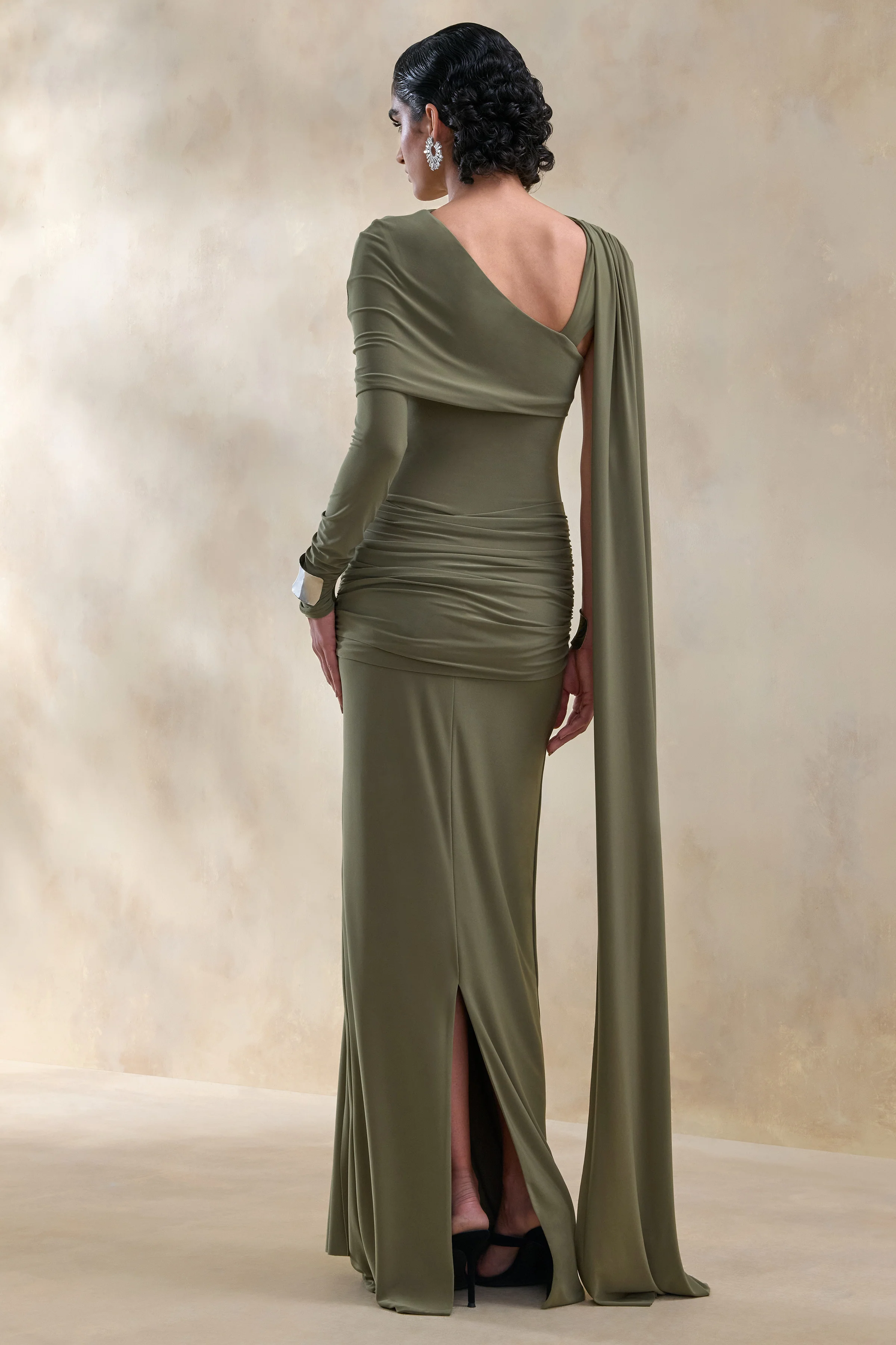 Trisara | Olive Asymmetric-Neck Maxi Dress With Gathered-Detailing And Sash - Image 2