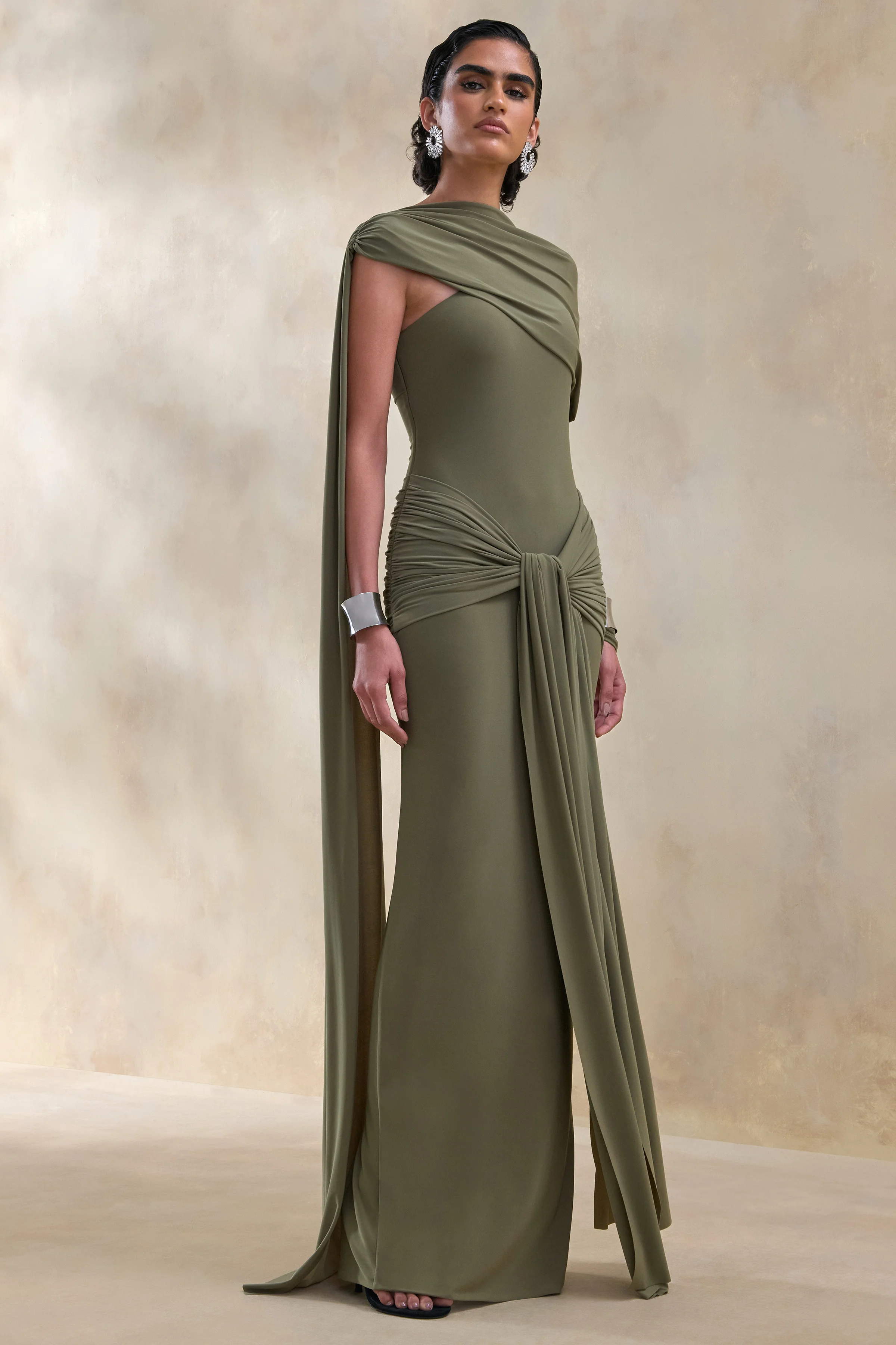 Trisara | Olive Asymmetric-Neck Maxi Dress With Gathered-Detailing And Sash - Image 5