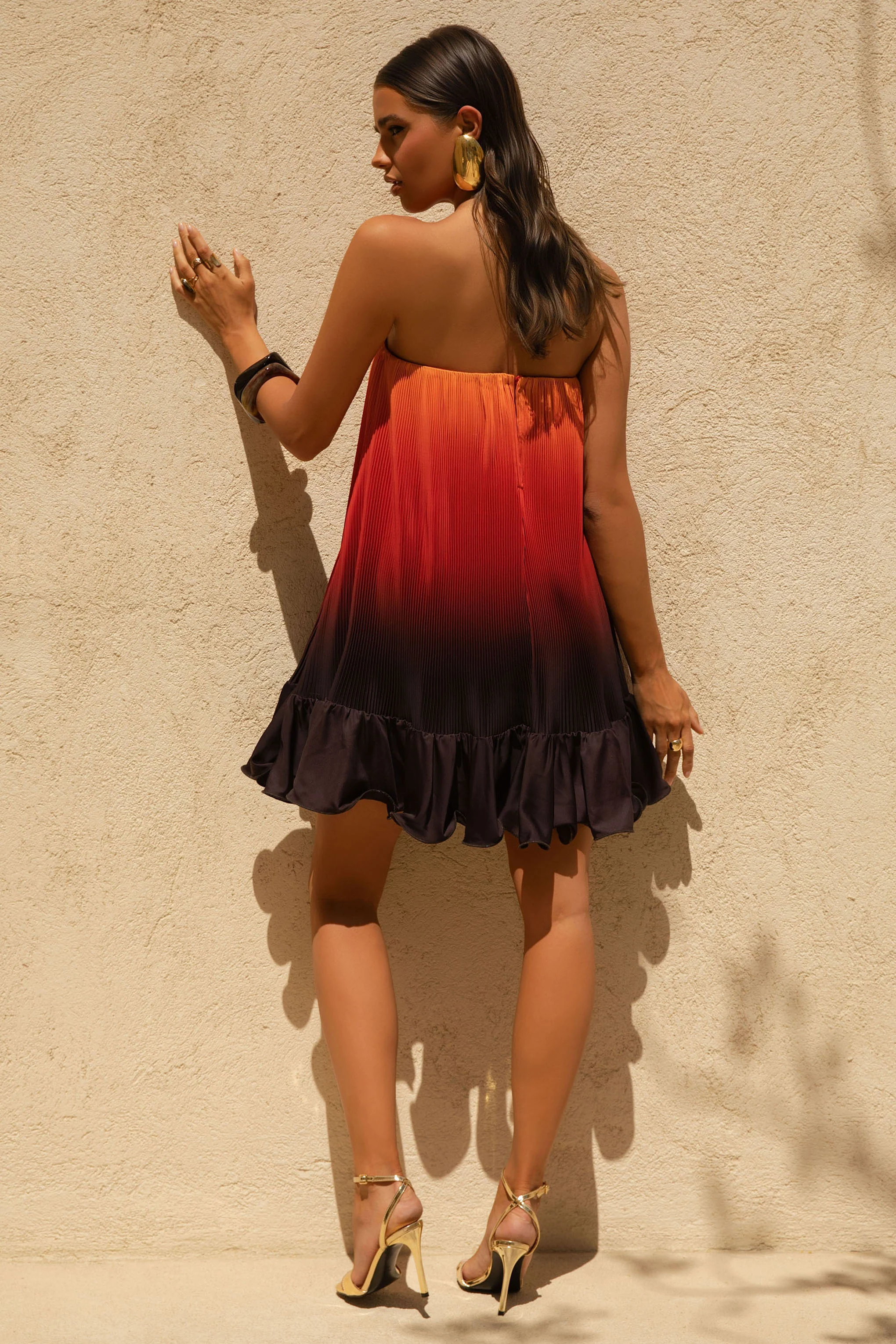 Tropical | Orange Ombre Satin Mini Dress With Ruffle Hem - Image 2