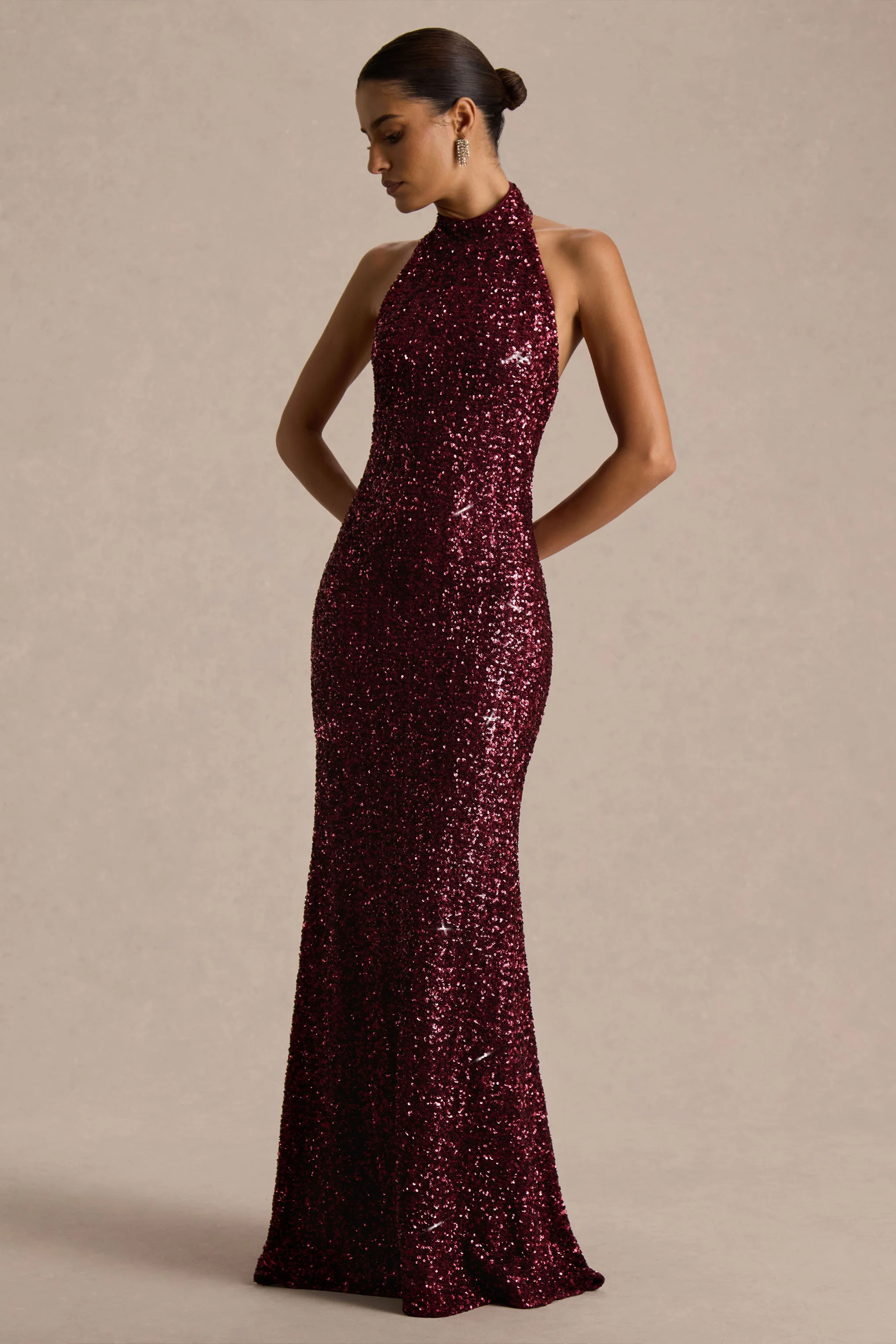 Tulia | Burgundy Sequin High-Neck Maxi Dress - Image 4