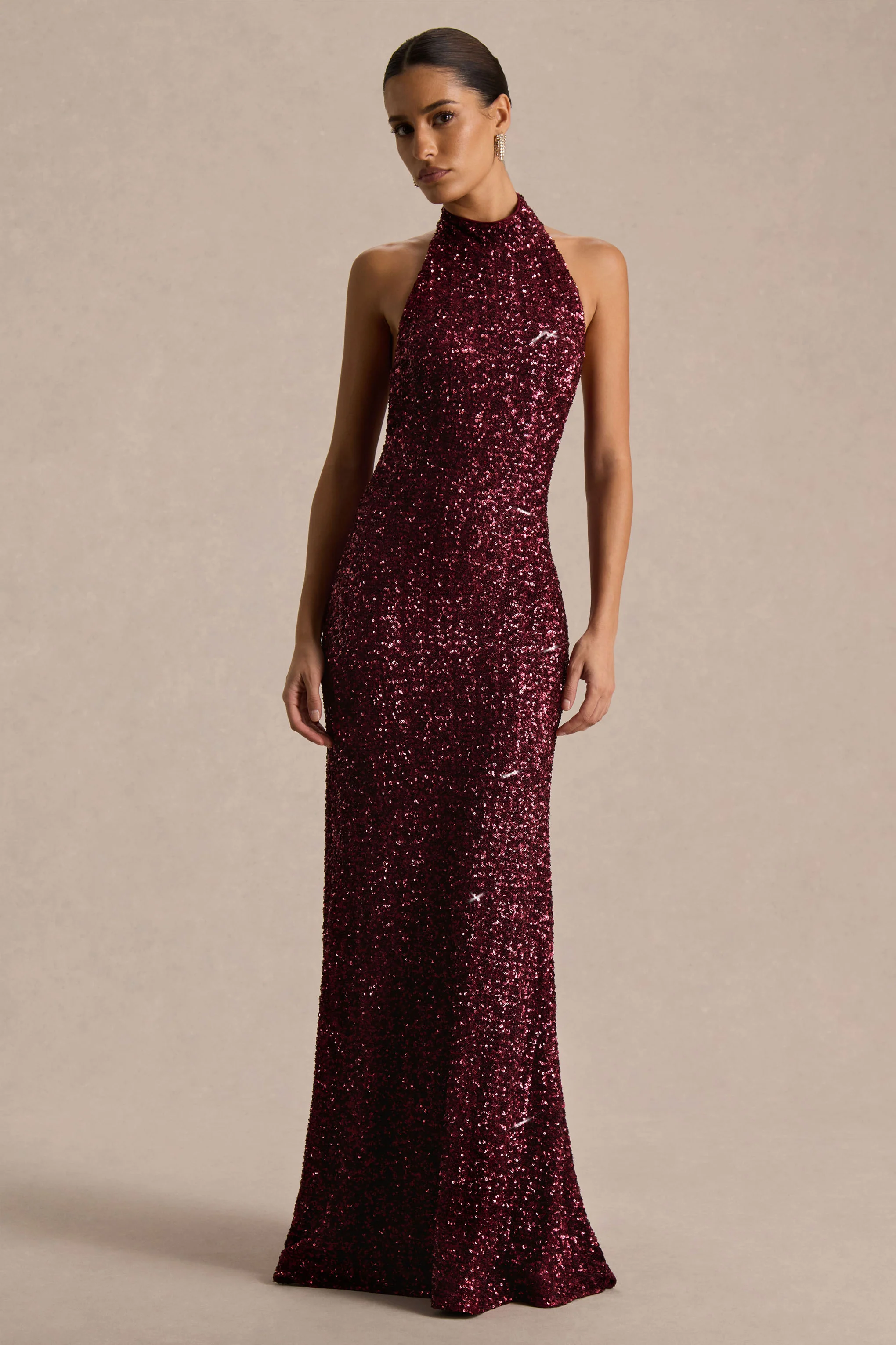Tulia | Burgundy Sequin High-Neck Maxi Dress - Image 5