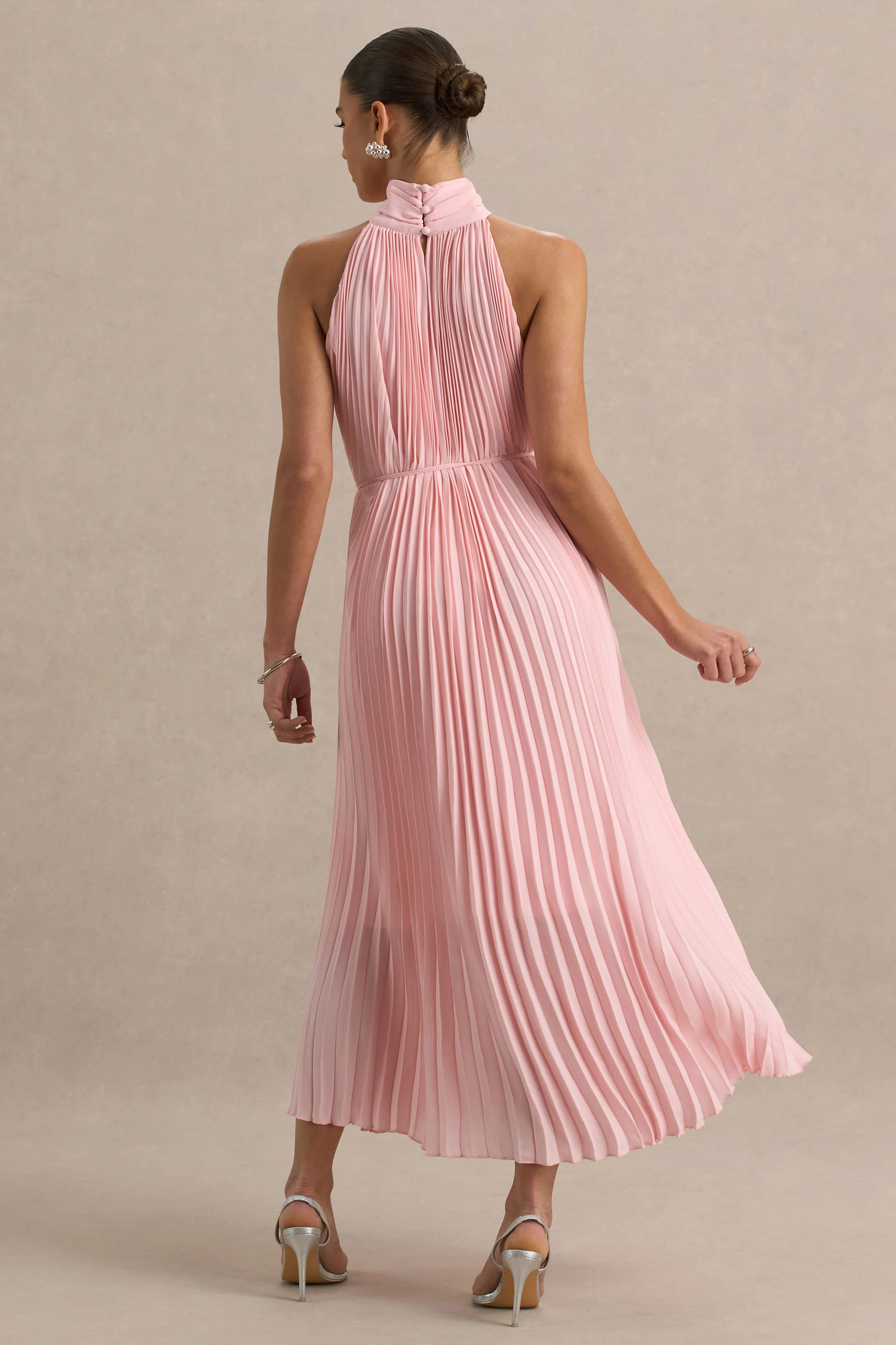 Tulip | Blush Pink Pleated High-Neck Midi Dress - Image 2