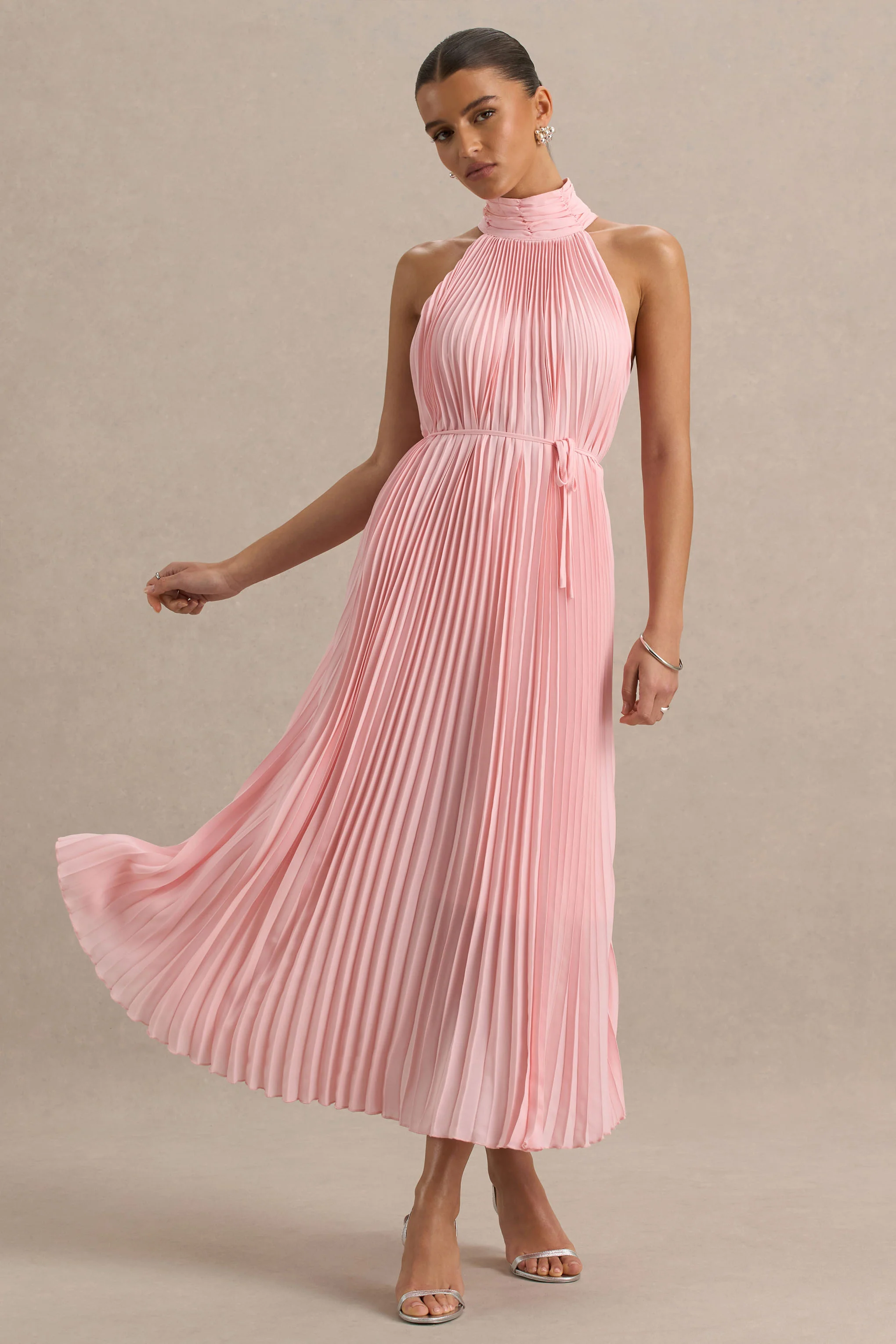 Tulip | Blush Pink Pleated High-Neck Midi Dress - Image 3