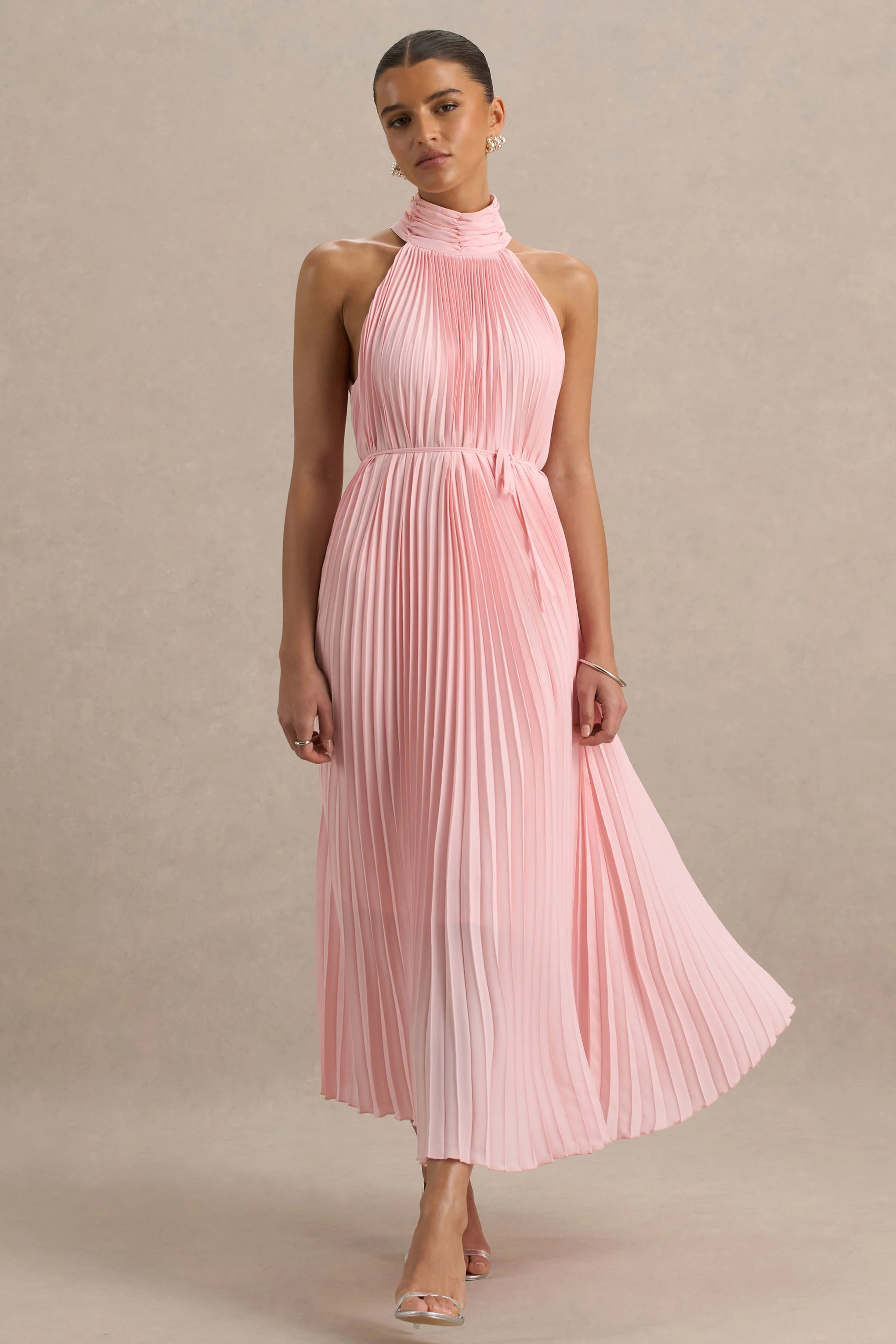 Tulip | Blush Pink Pleated High-Neck Midi Dress - Image 4
