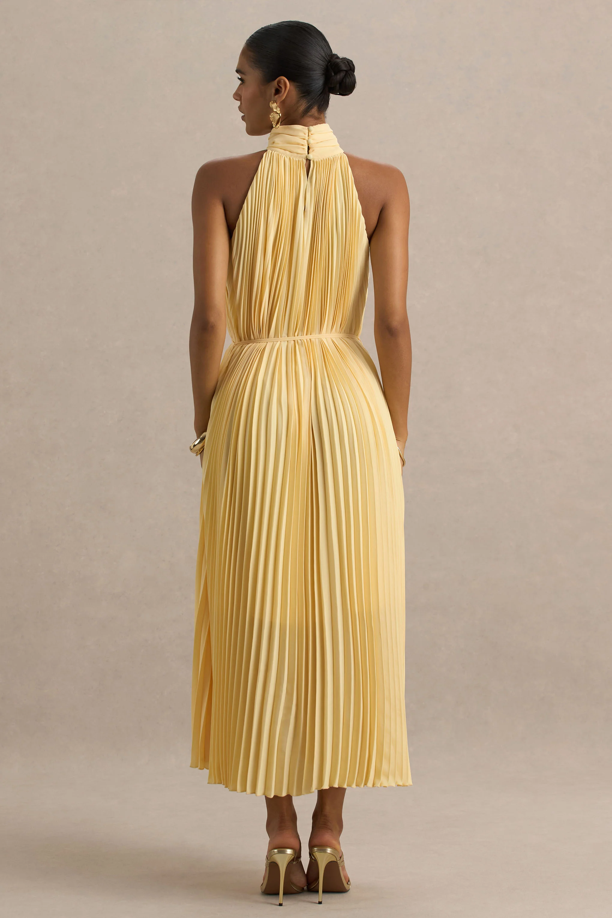 Tulip | Lemon Pleated High-Neck Midi Dress - Image 2