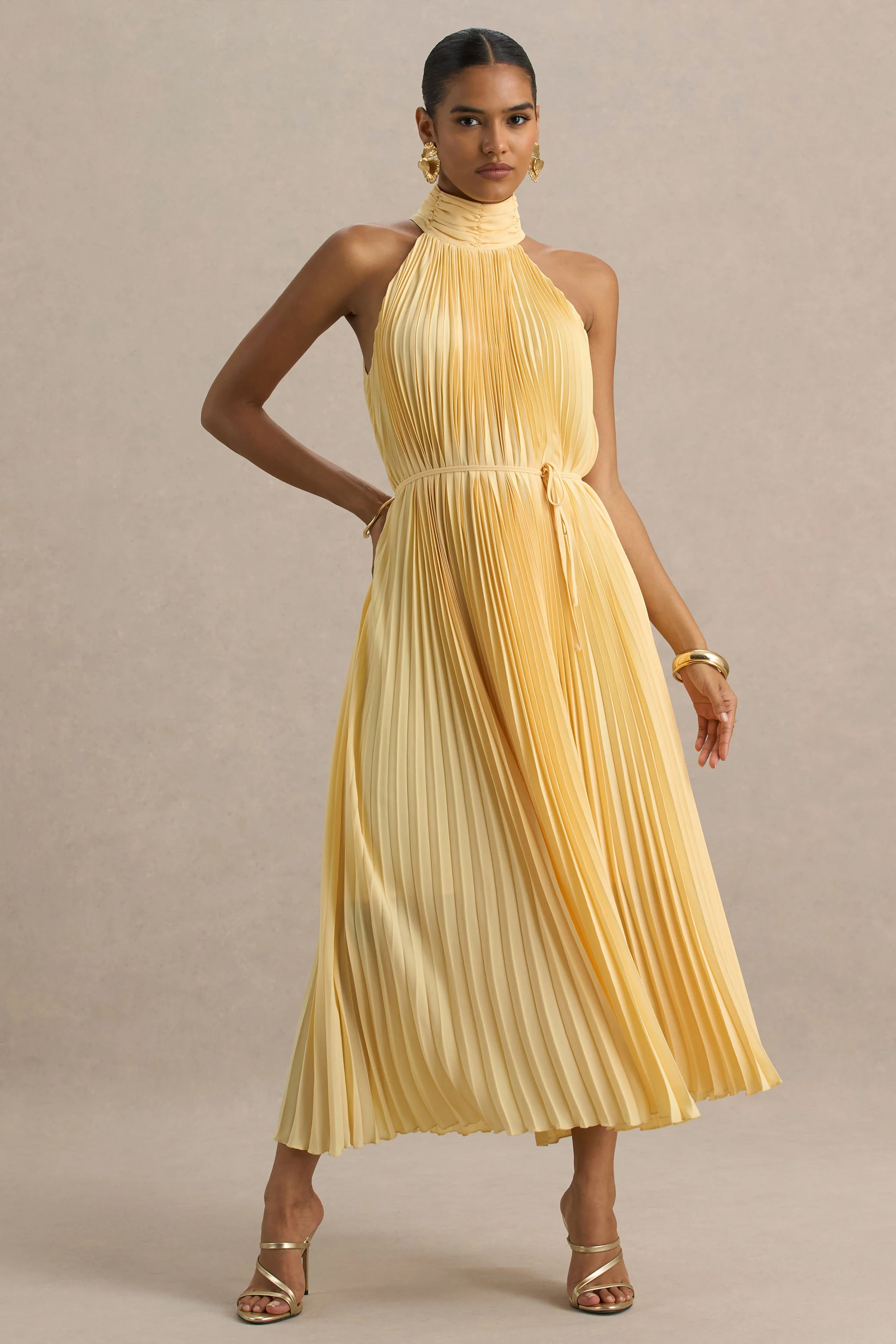 Tulip | Lemon Pleated High-Neck Midi Dress - Image 3