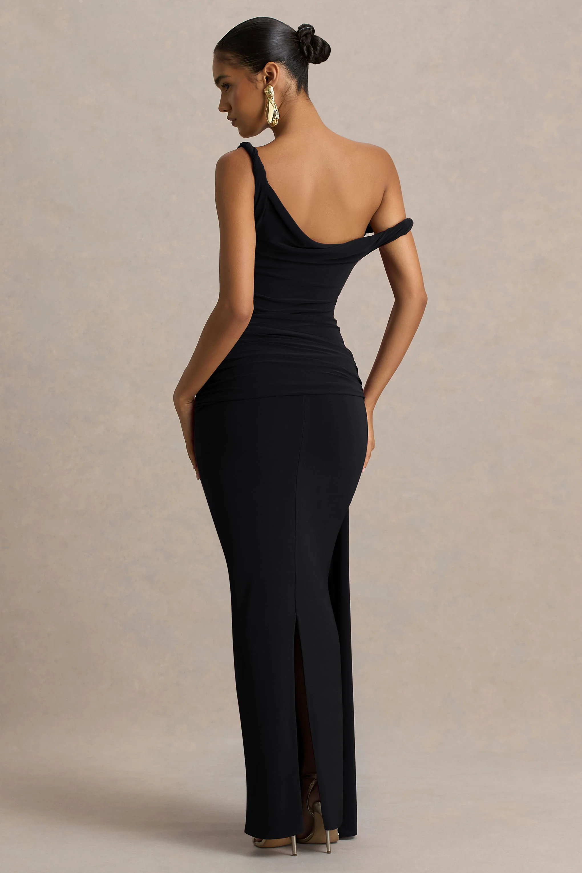 Tulisa | Black Asymmetric-Neck Maxi Dress With Twist Sleeves And Ruched Detailing - Image 2