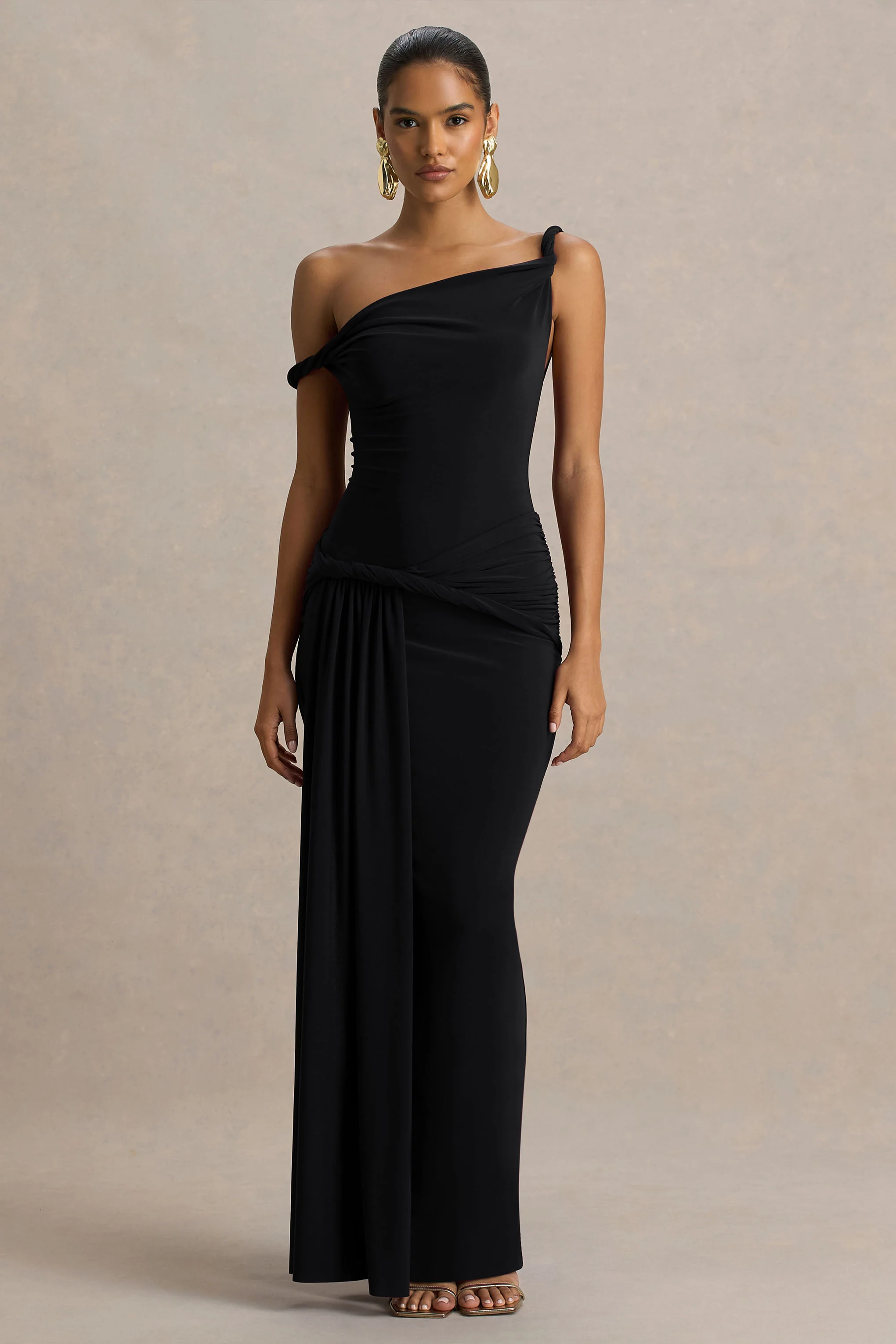 Tulisa | Black Asymmetric-Neck Maxi Dress With Twist Sleeves And Ruched Detailing - Image 4