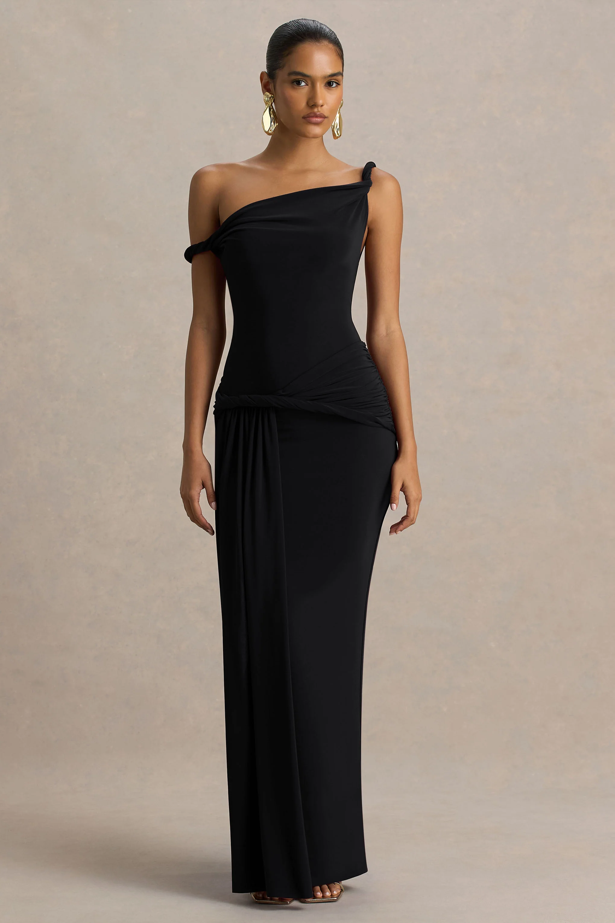 Tulisa | Black Asymmetric-Neck Maxi Dress With Twist Sleeves And Ruched Detailing - Image 5