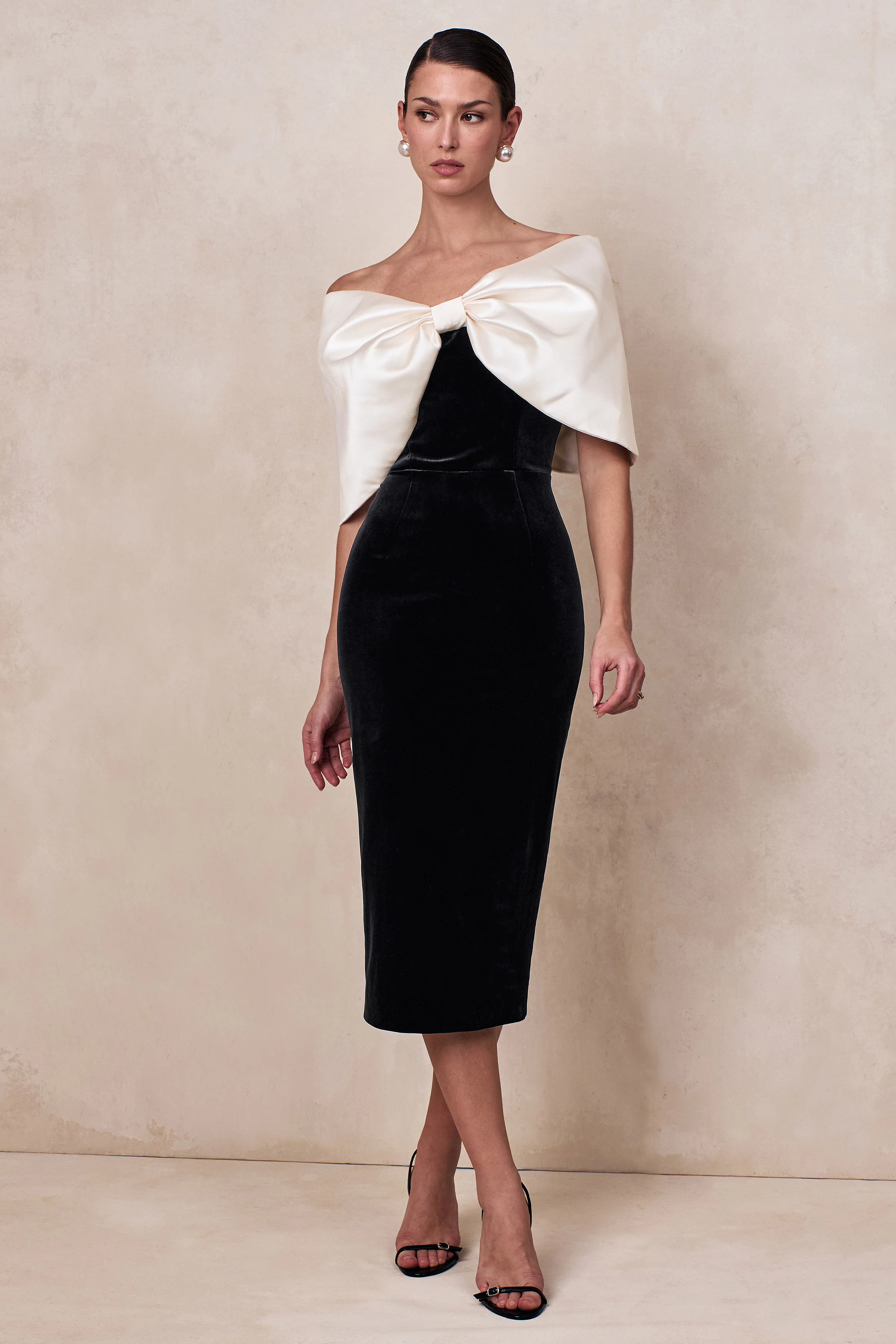 Twilight | Black And White Velvet Bardot-Neck Midi Dress With Oversized Satin Bow