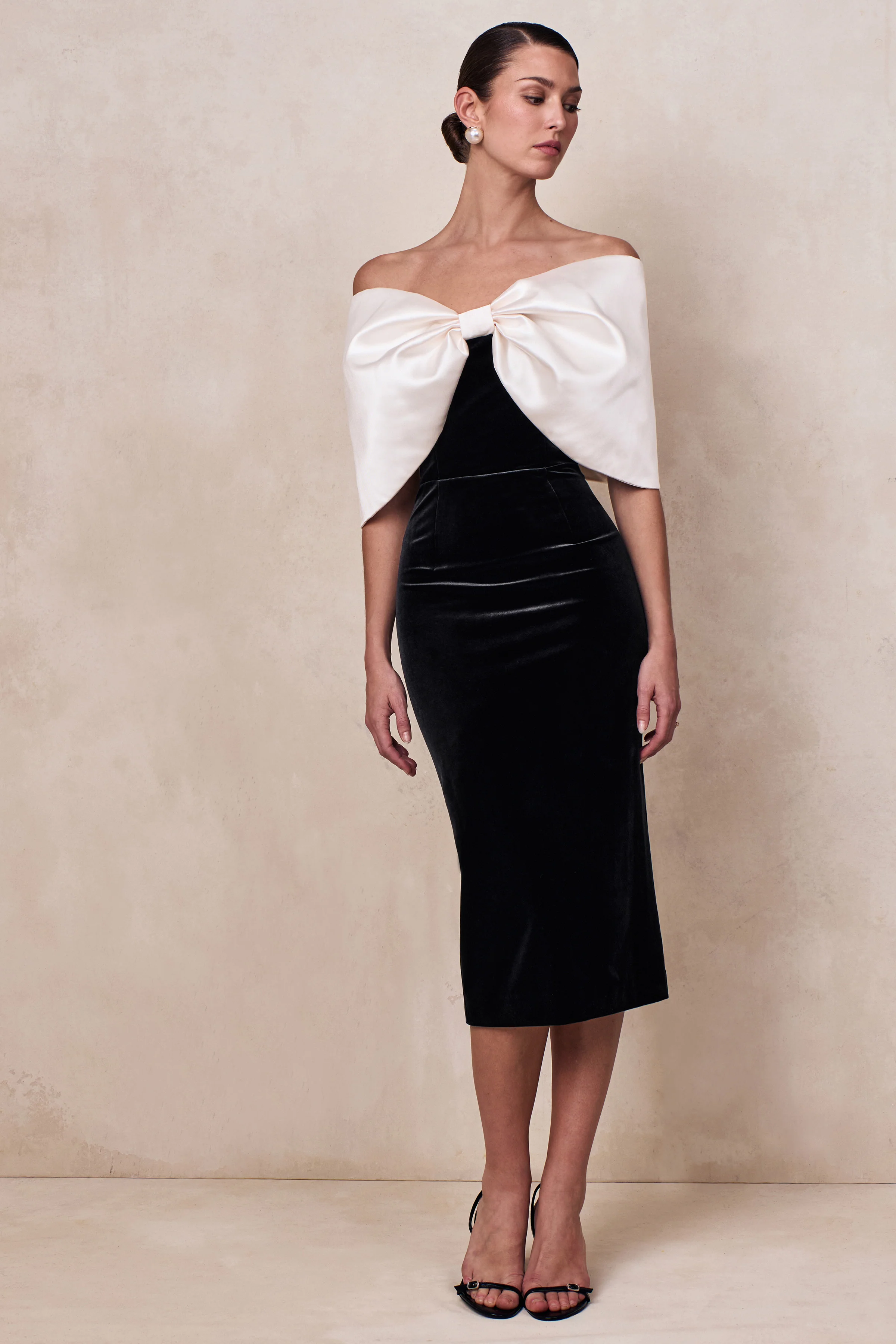 Twilight | Black And White Velvet Bardot-Neck Midi Dress With Oversized Satin Bow - Image 4
