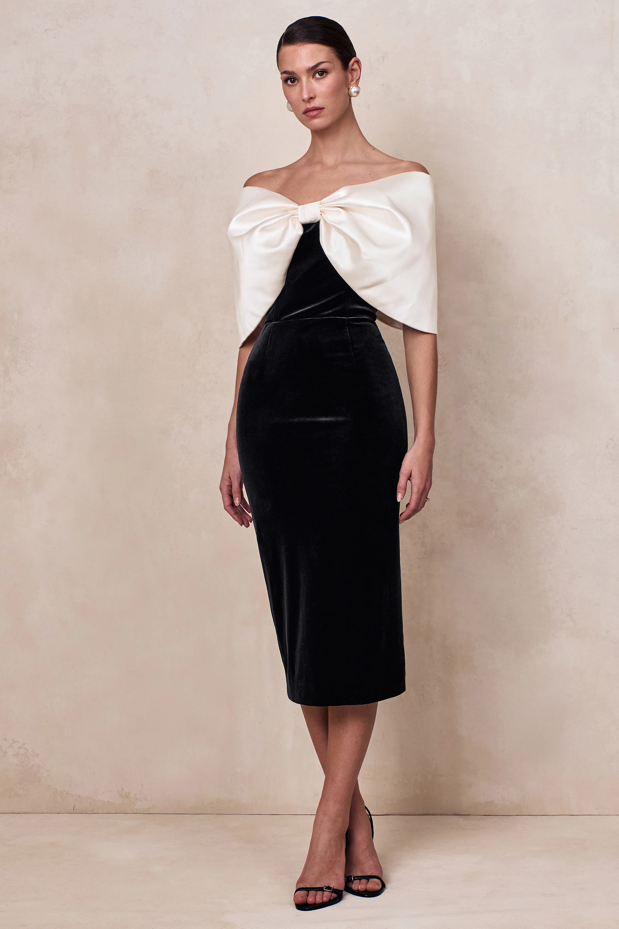 Twilight | Black And White Velvet Bardot-Neck Midi Dress With Oversized Satin Bow - Image 5