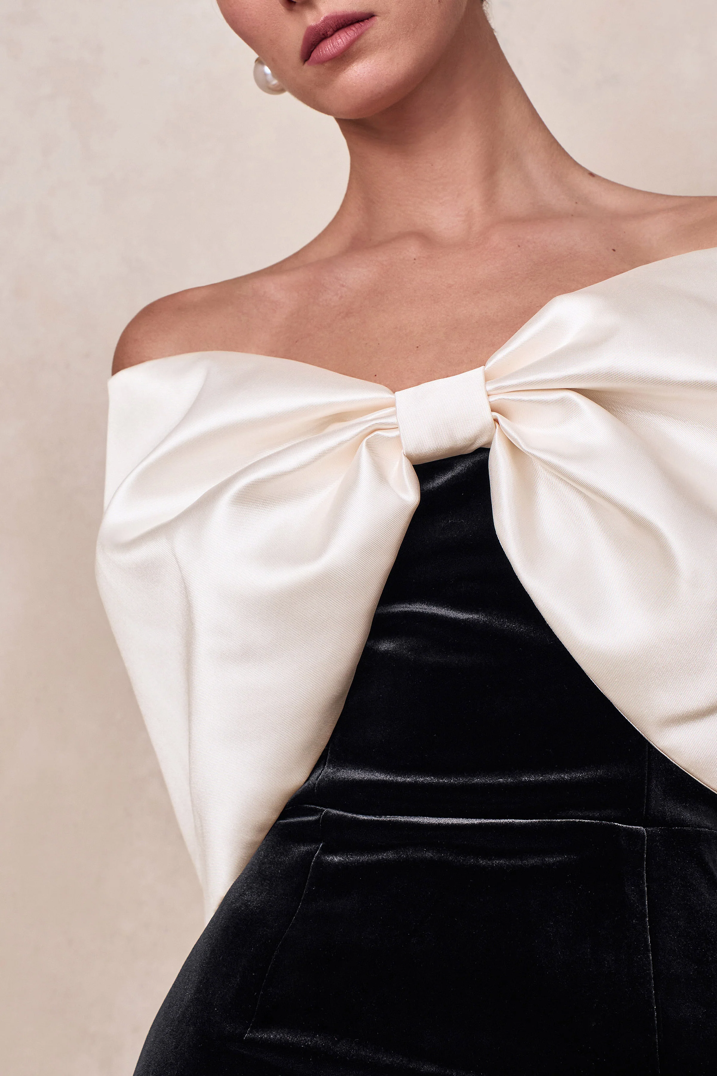 Twilight | Black And White Velvet Bardot-Neck Midi Dress With Oversized Satin Bow - Image 6