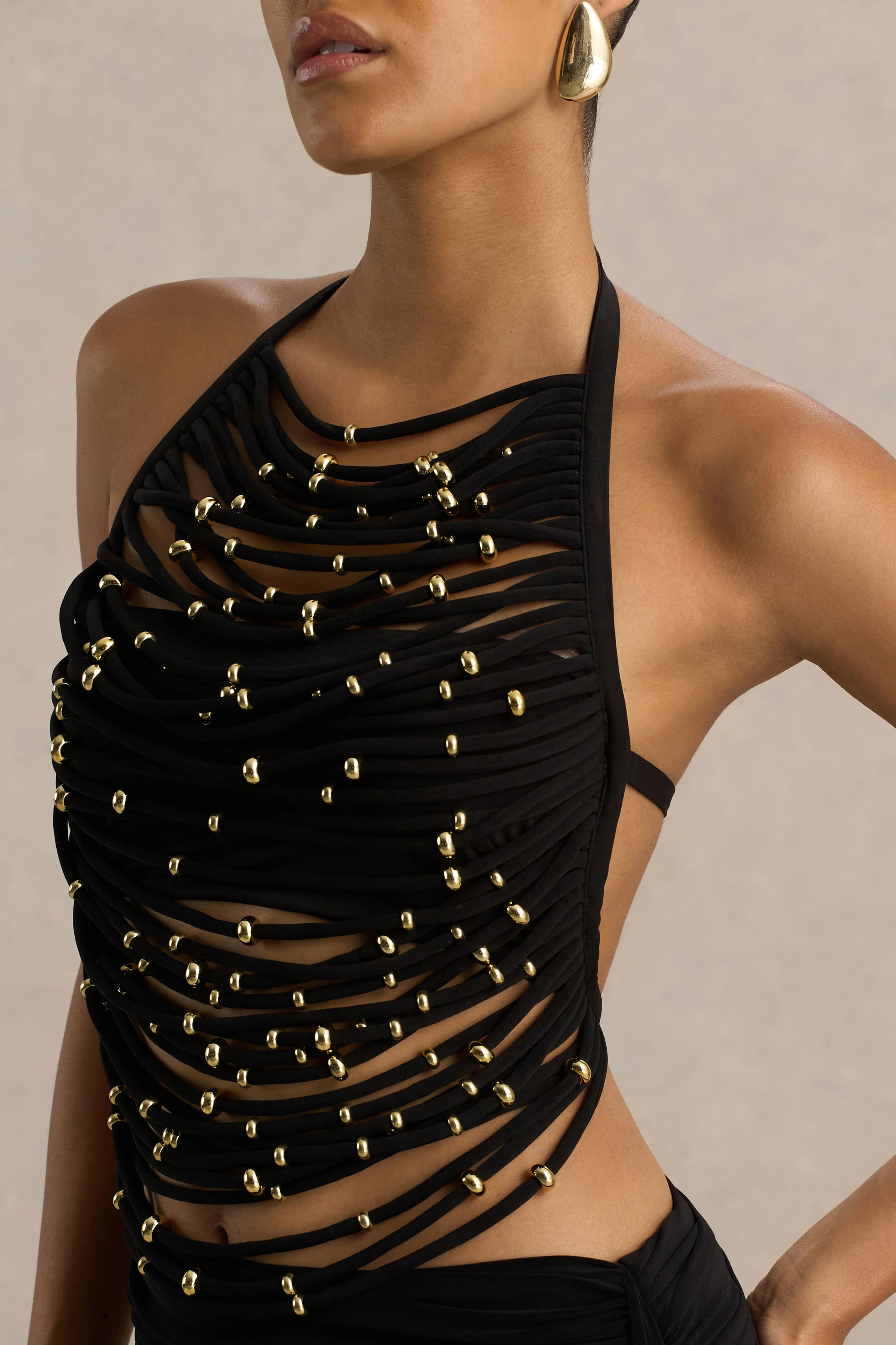 Twinkler | Black High-Neck Embellished Top With Cut-Outs - Image 6