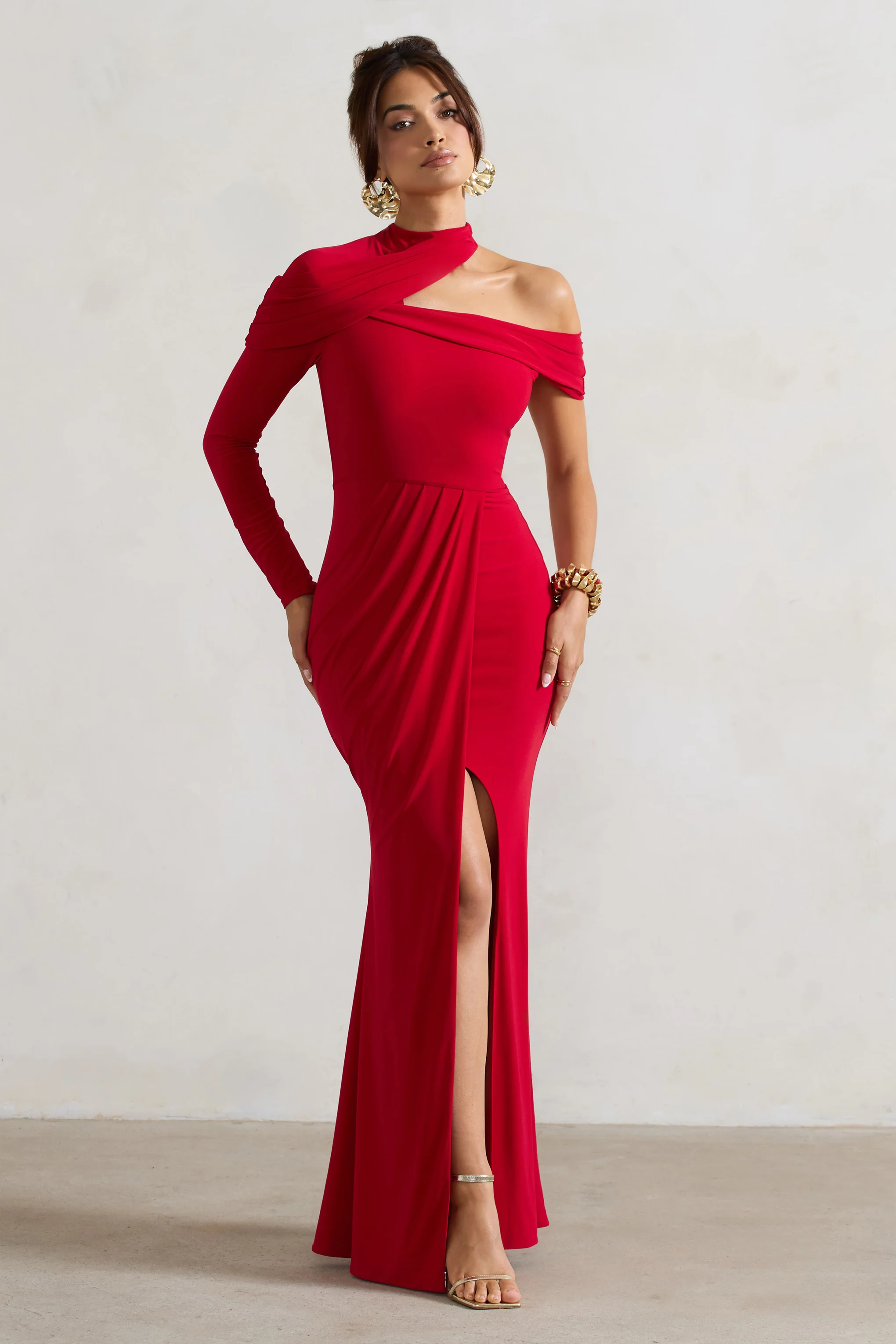 Tyla | Red Asymmetric High-Neck Split Maxi Dress - Image 4