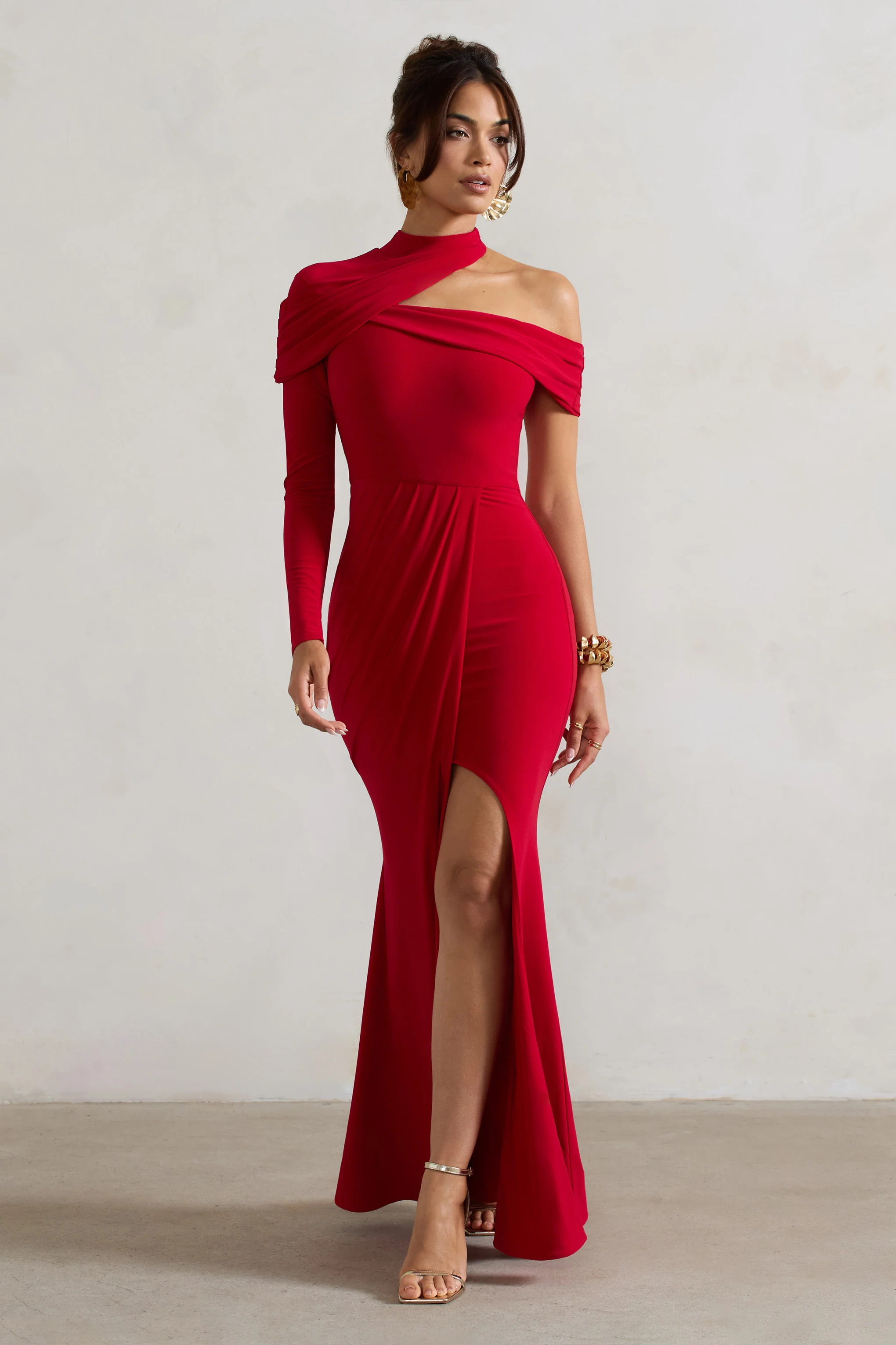 Tyla | Red Asymmetric High-Neck Split Maxi Dress - Image 5