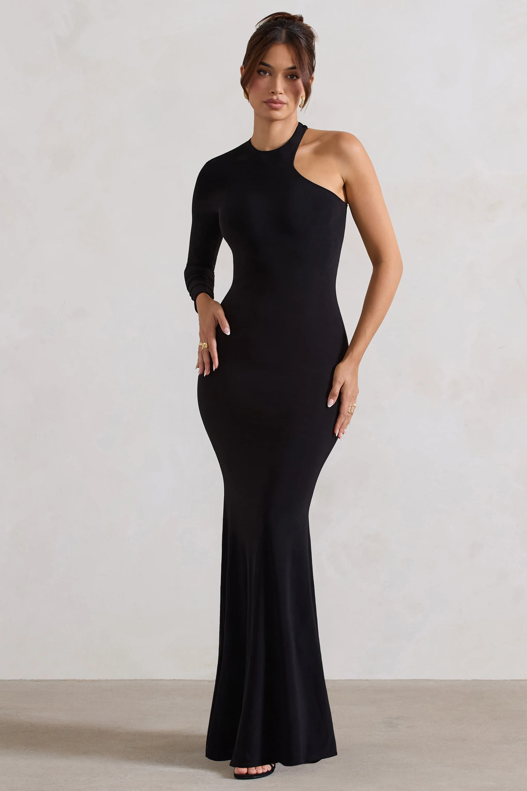 Tyra | Black Asymmetric Neck Cut Out Maxi Dress With Open Back Detail - Image 10