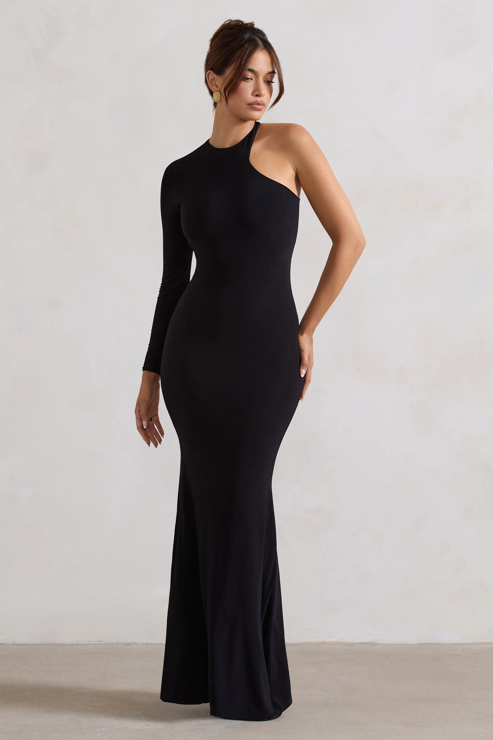 Tyra | Black Asymmetric Neck Cut Out Maxi Dress With Open Back Detail - Image 6